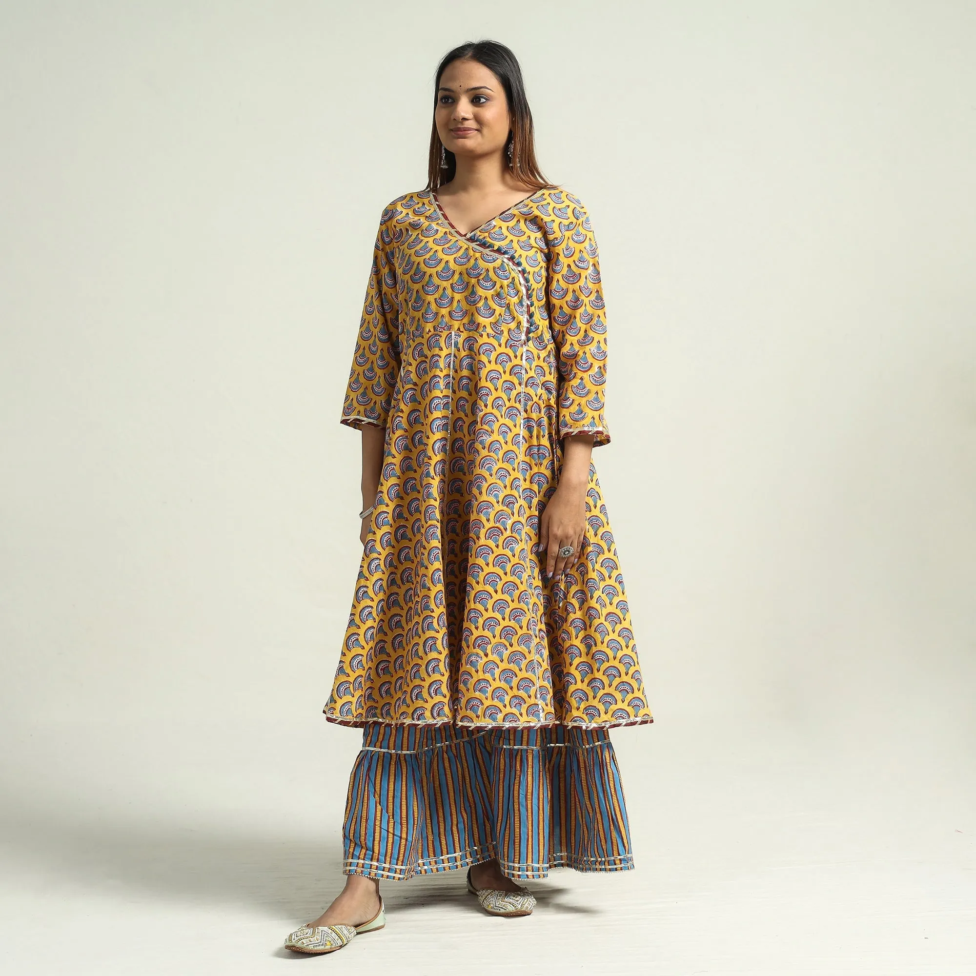 Yellow - Sanganeri Block Printed Cotton Kurta with Sharara Set sold by Itokri