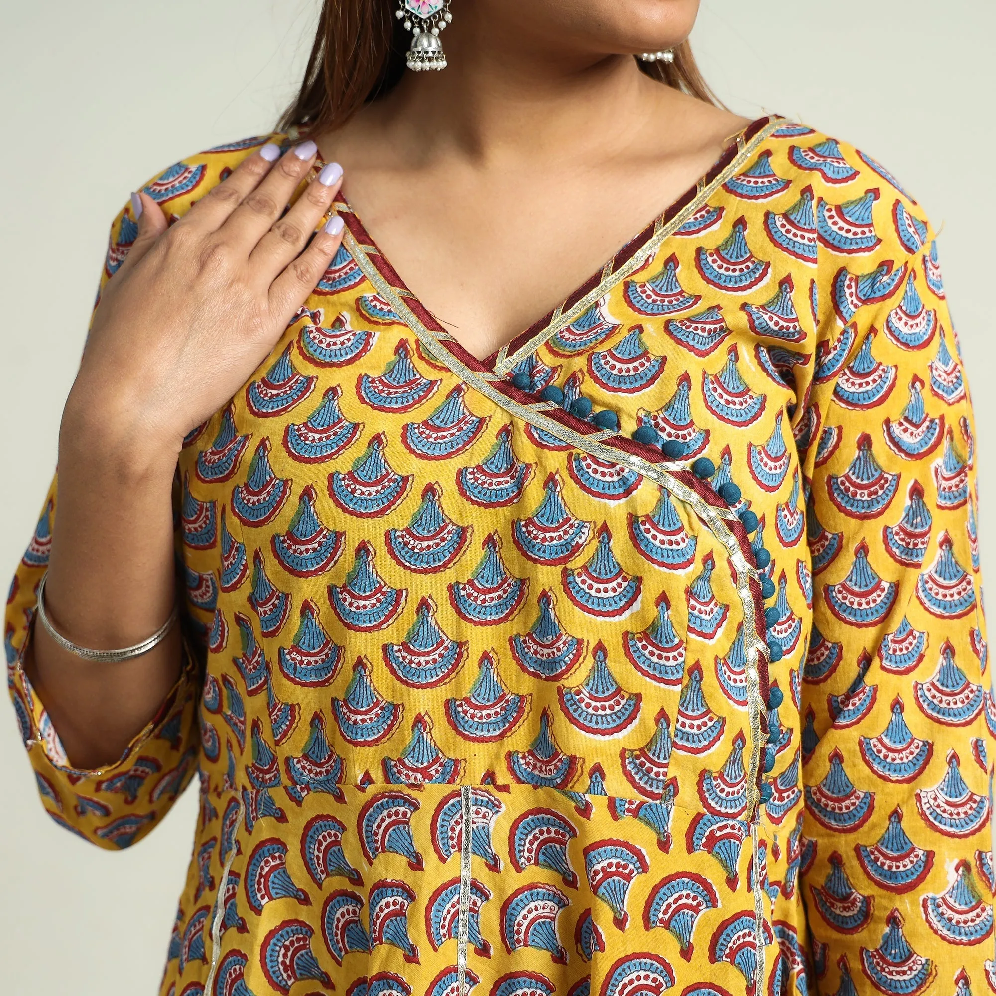 Yellow - Sanganeri Block Printed Cotton Kurta with Sharara Set sold by Itokri product image thumbnail 5