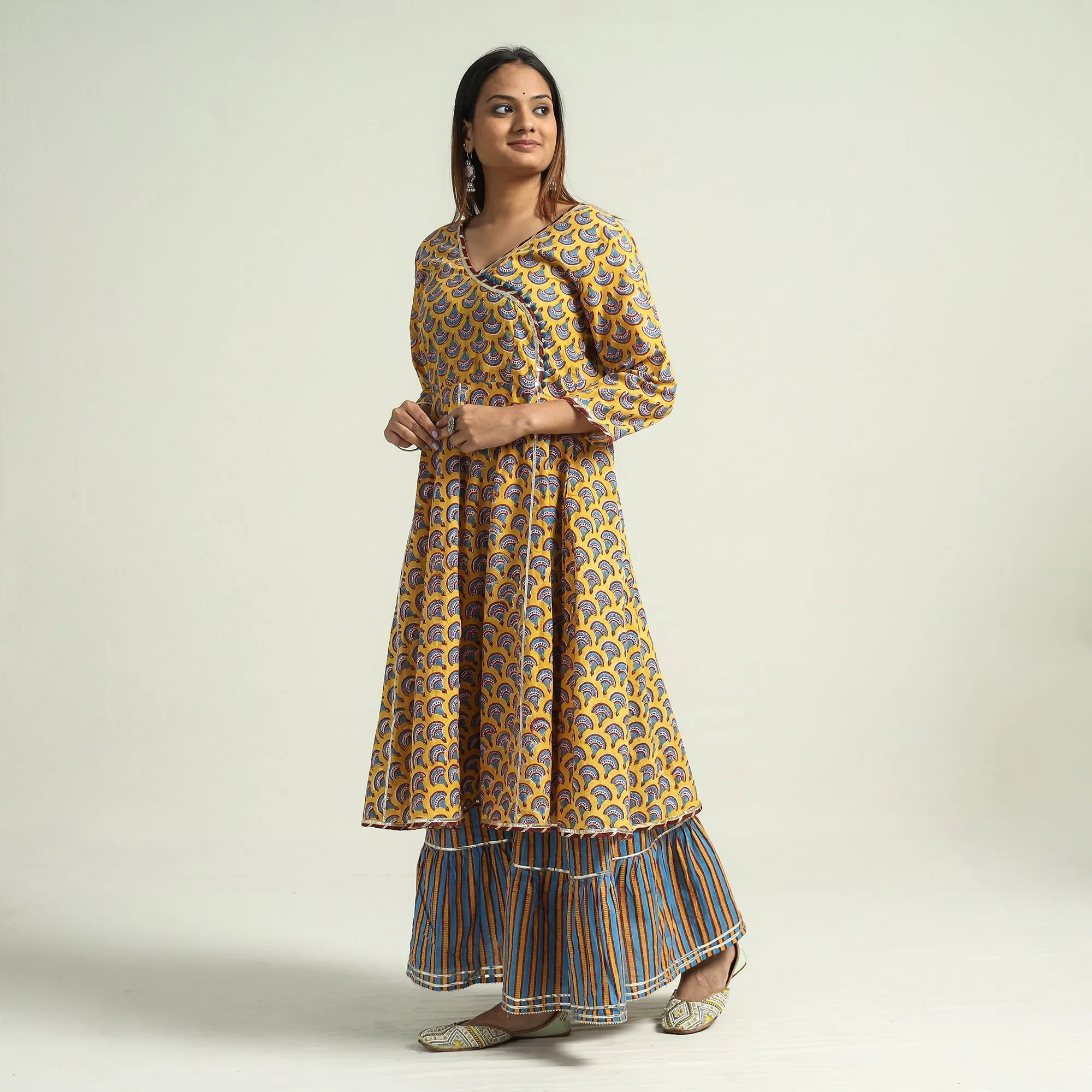 Yellow - Sanganeri Block Printed Cotton Kurta with Sharara Set sold by Itokri product image thumbnail 3