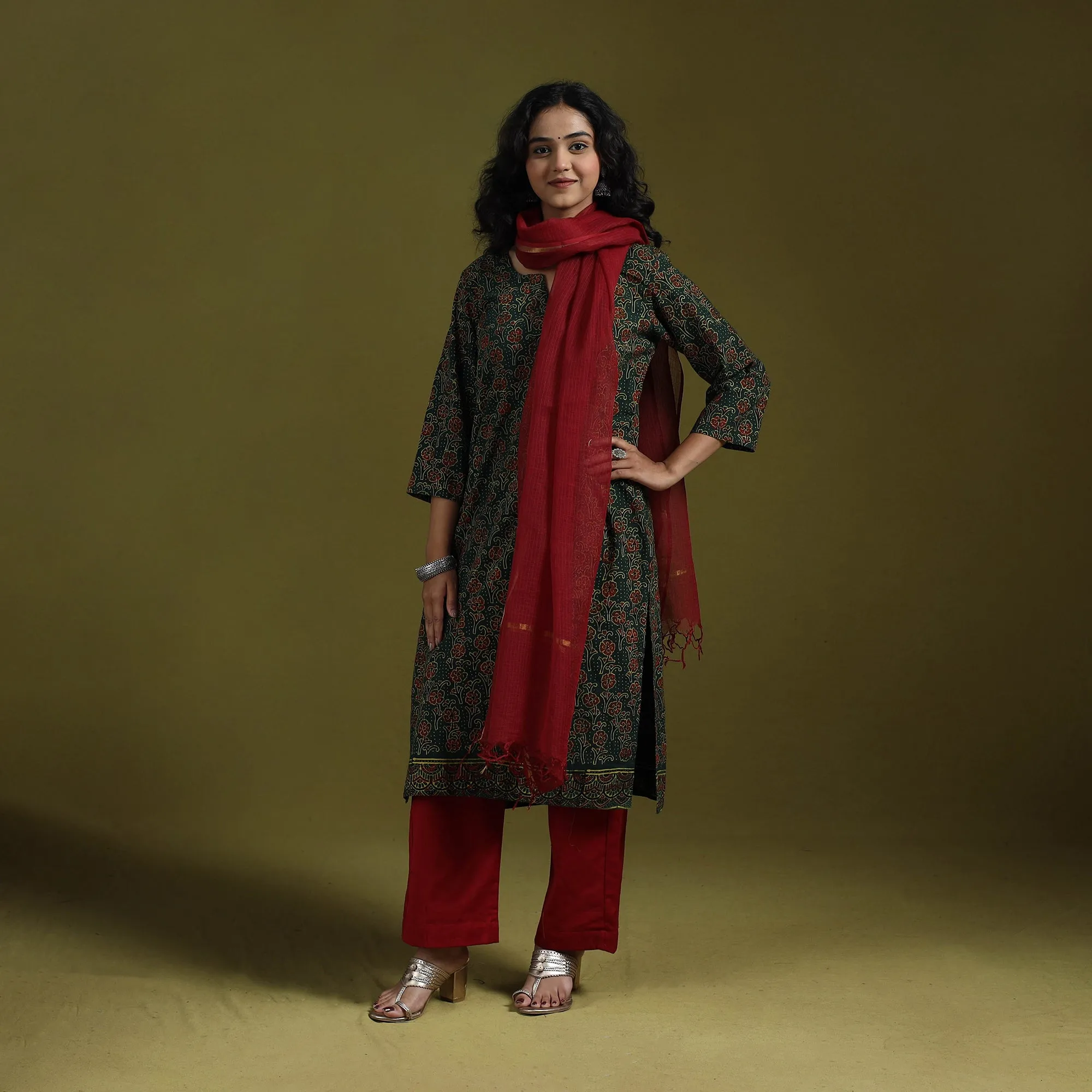 Green - Natural Dyed Ajrakh Hand Block Print Cotton Suit Set with Dupatta for women 05 sold by Itokri product image thumbnail 3