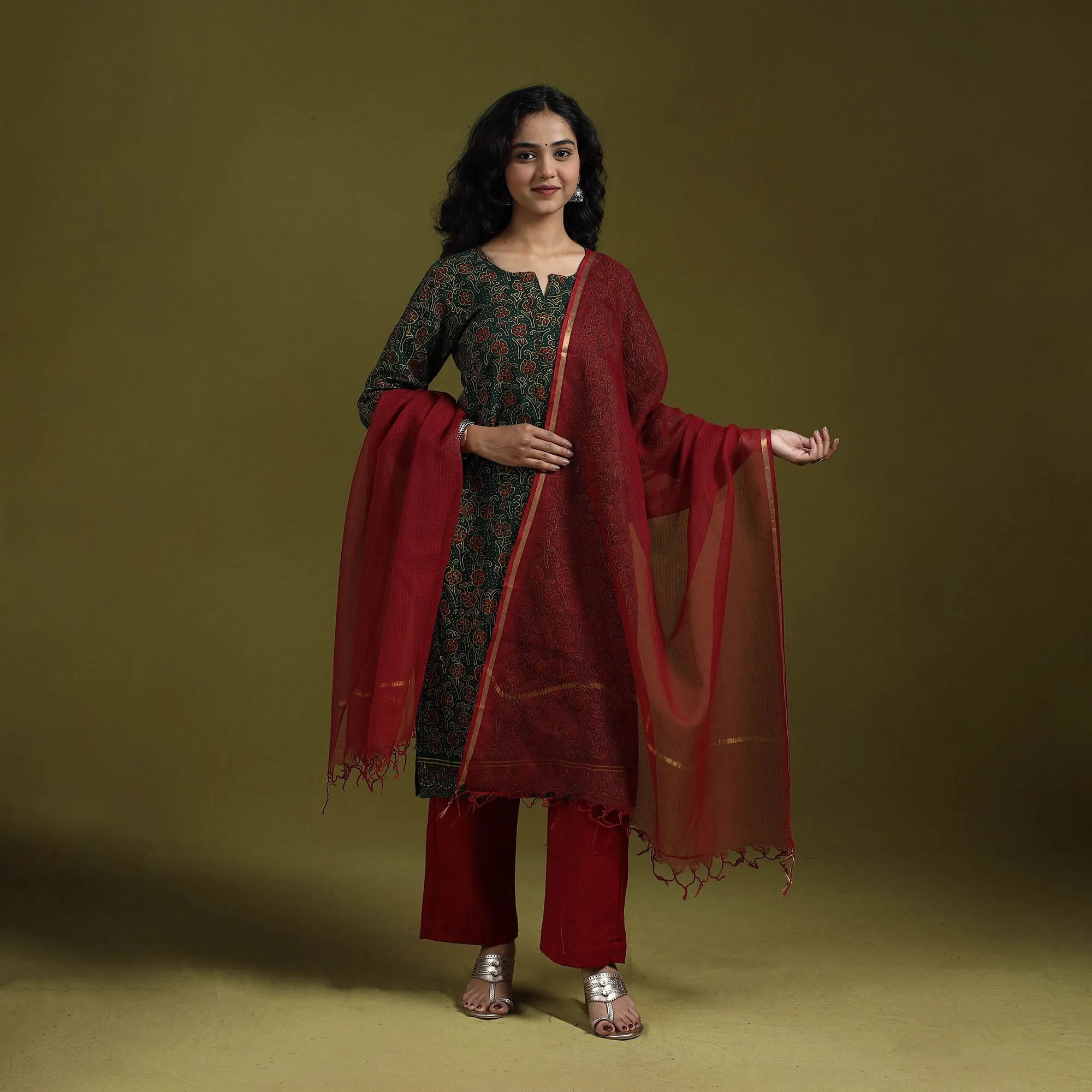 Green - Natural Dyed Ajrakh Hand Block Print Cotton Suit Set with Dupatta for women 05 sold by Itokri