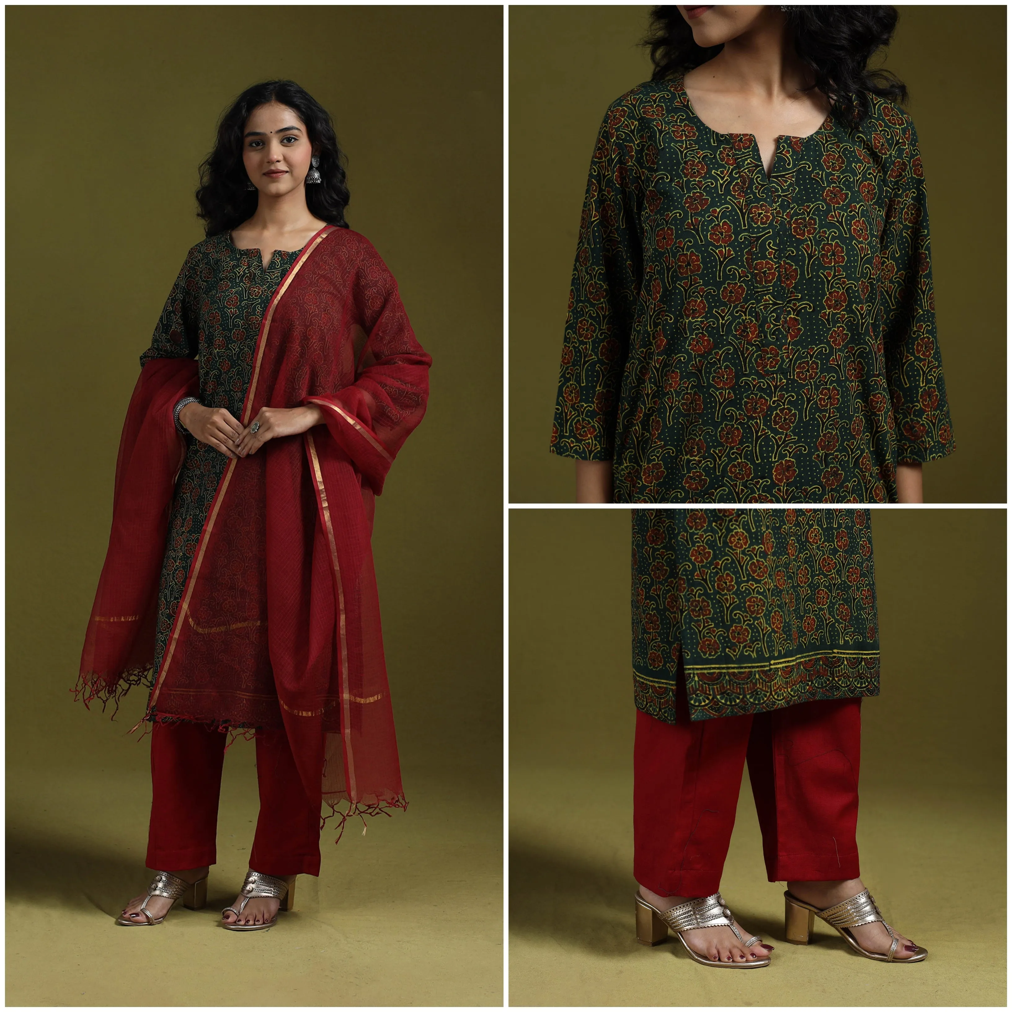 Green - Natural Dyed Ajrakh Hand Block Print Cotton Suit Set with Dupatta for women 05 sold by Itokri product image thumbnail 4