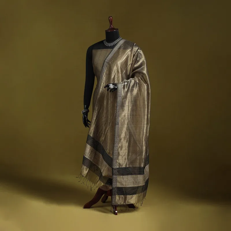 Brown - Handloom Silk Cotton Tissue Zari Stripes Maheshwari Dupatta with Thread Border 02 made by Itokri