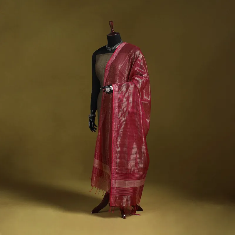 Pink - Handloom Silk Cotton Tissue Zari Stripes Maheshwari Dupatta with Thread Border 08 made by Itokri