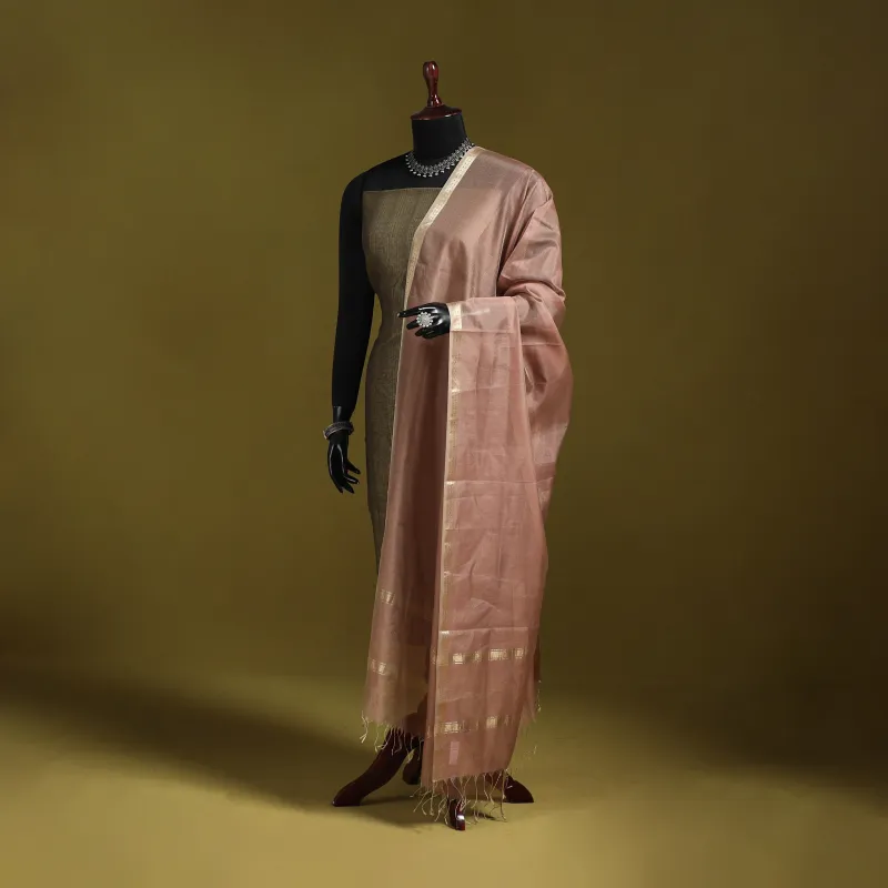 Brown - Handloom Silk Cotton Zari Work Maheshwari Dupatta 34 made by Itokri