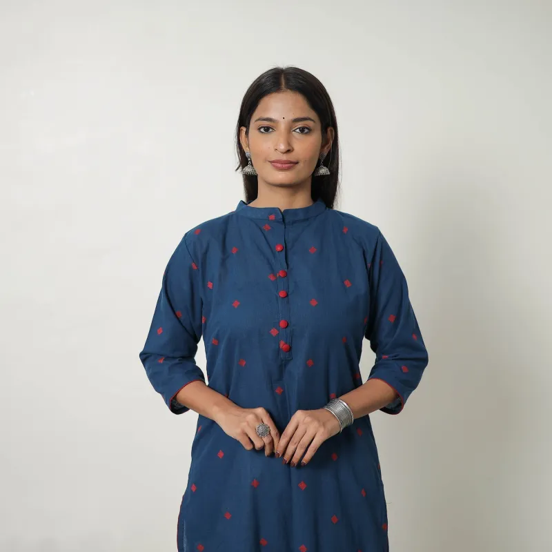 Blue - Pure Cotton A-Line Jacquard Kurta 01 made by Itokri
