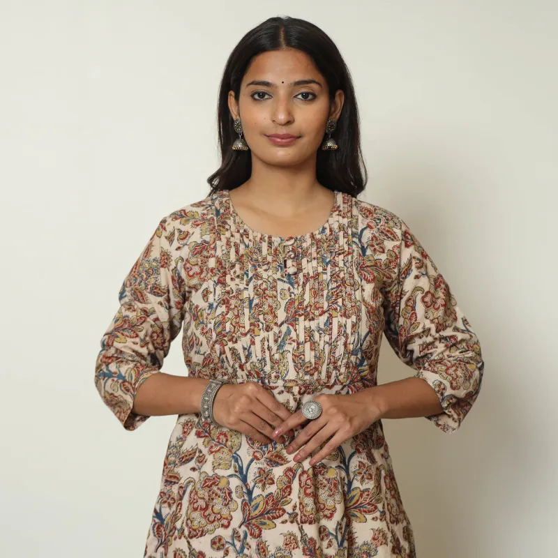 Beige - Pedana Kalamkari Hand Block Printed Cotton Pintuck A-Line Kurta 59 made by Itokri