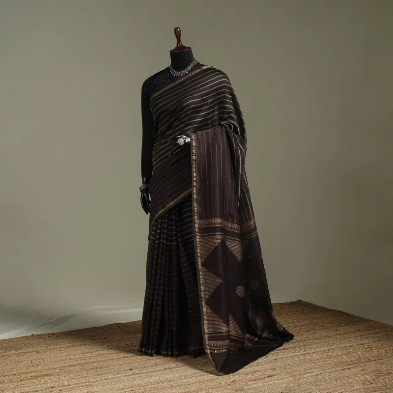 Brown - Hand Block Print Natural Dyed Chanderi Silk Akola Saree 29 made by Itokri