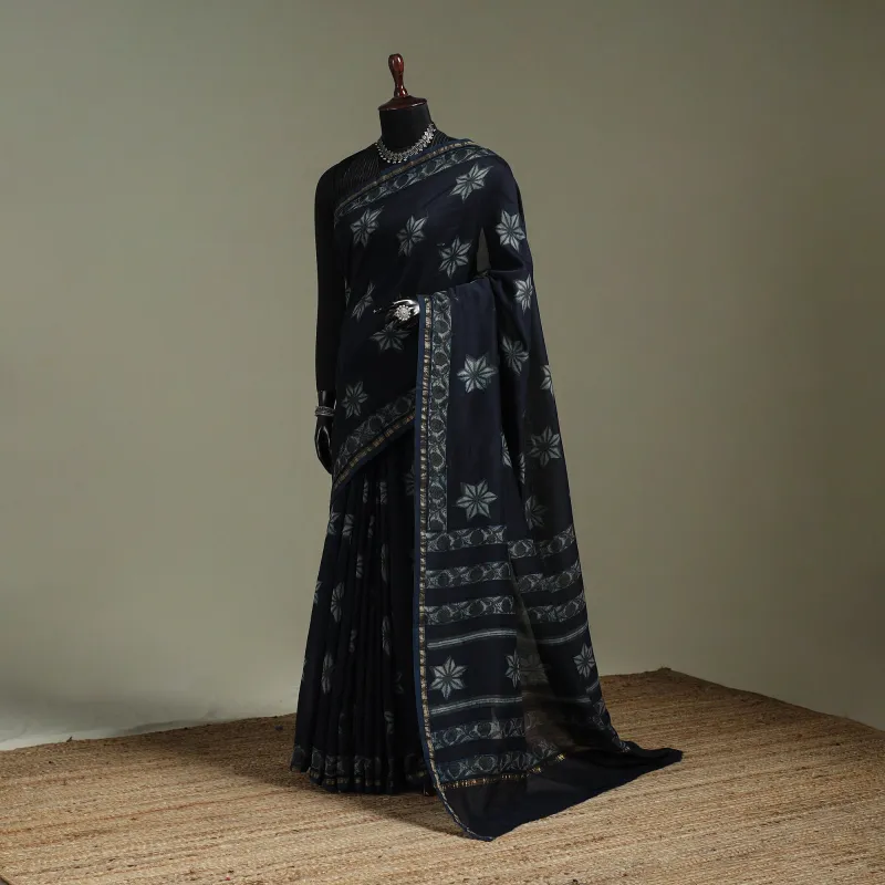 Blue - Hand Block Print Natural Dyed Chanderi Silk Akola Saree 17 made by Itokri