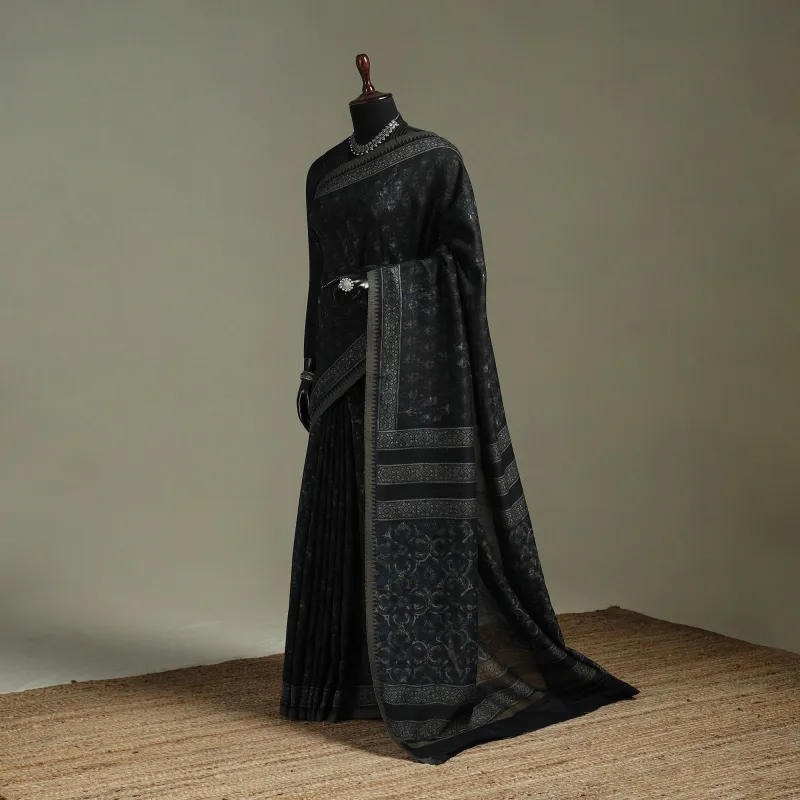 Black - Hand Block Print Natural Dyed Chanderi Silk Akola Saree 05 made by Itokri