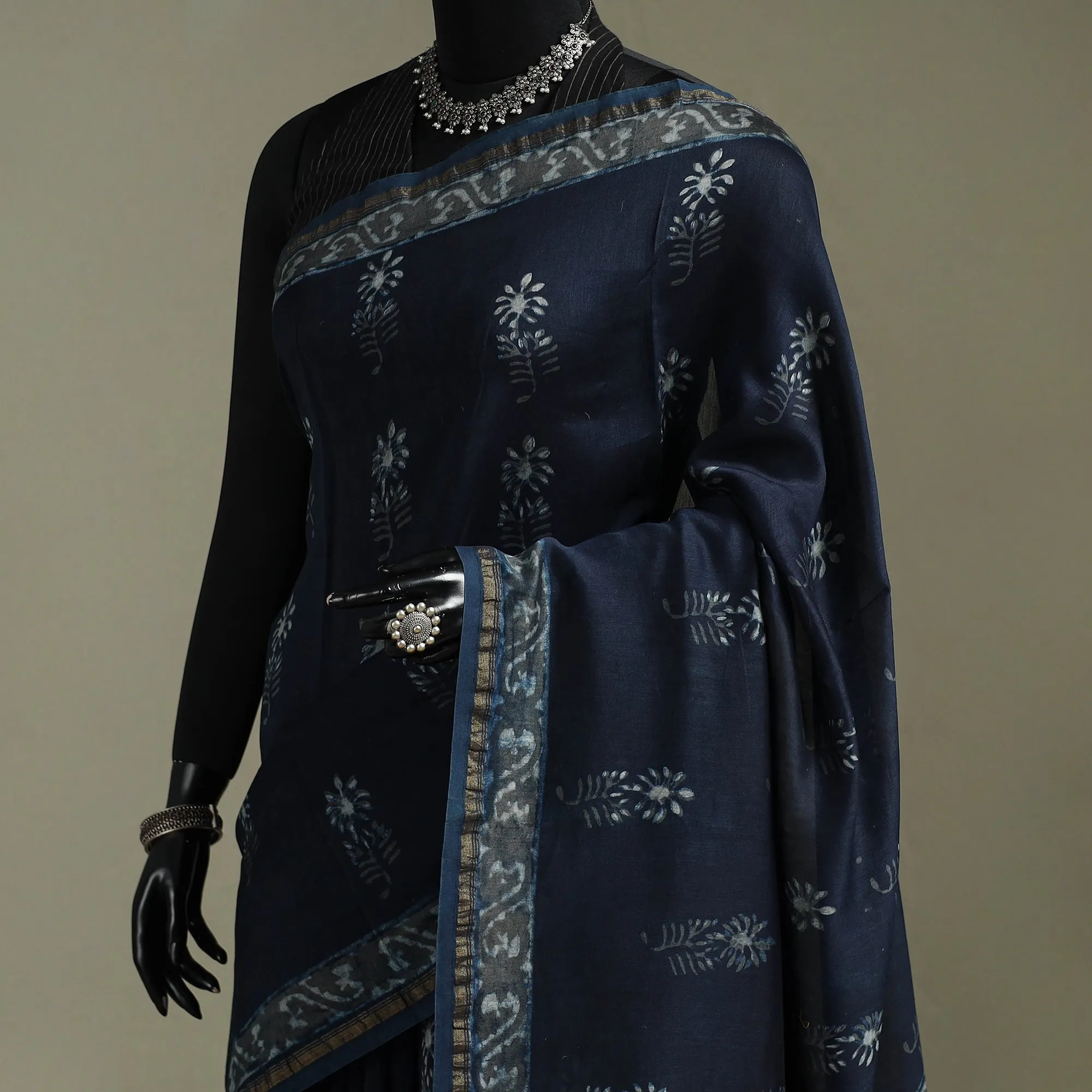 Blue - Hand Block Print Natural Dyed Chanderi Silk Akola Saree 03 sold by Itokri product image thumbnail 2