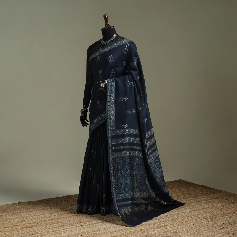 Blue - Hand Block Print Natural Dyed Chanderi Silk Akola Saree 03 made by Itokri