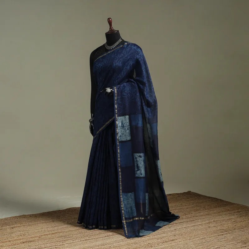 Blue - Hand Block Print Natural Dyed Chanderi Silk Akola Saree 02 made by Itokri