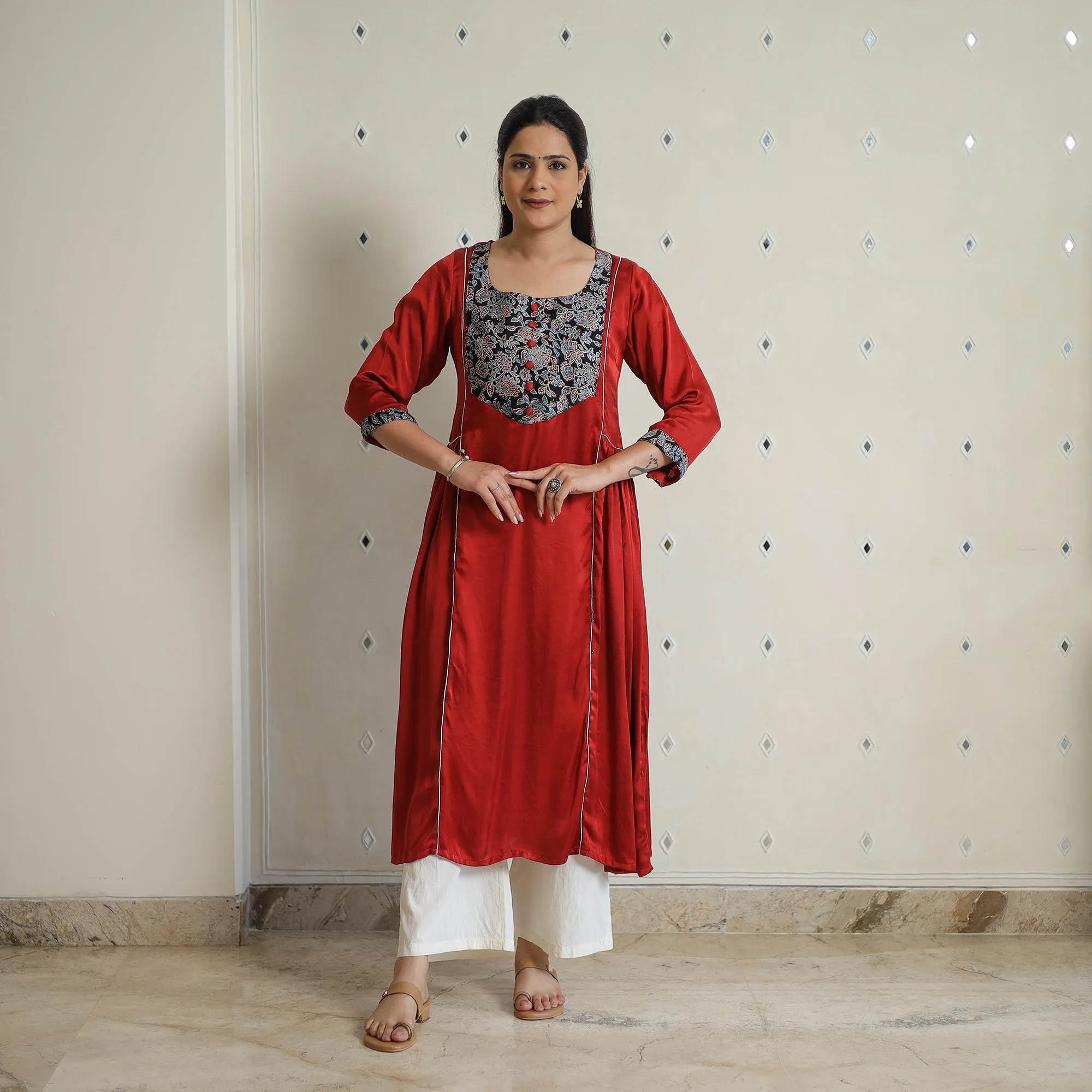 Red - Jasmin Maroon Modal Silk Plain A-line Kurta sold by Itokri product image thumbnail 3
