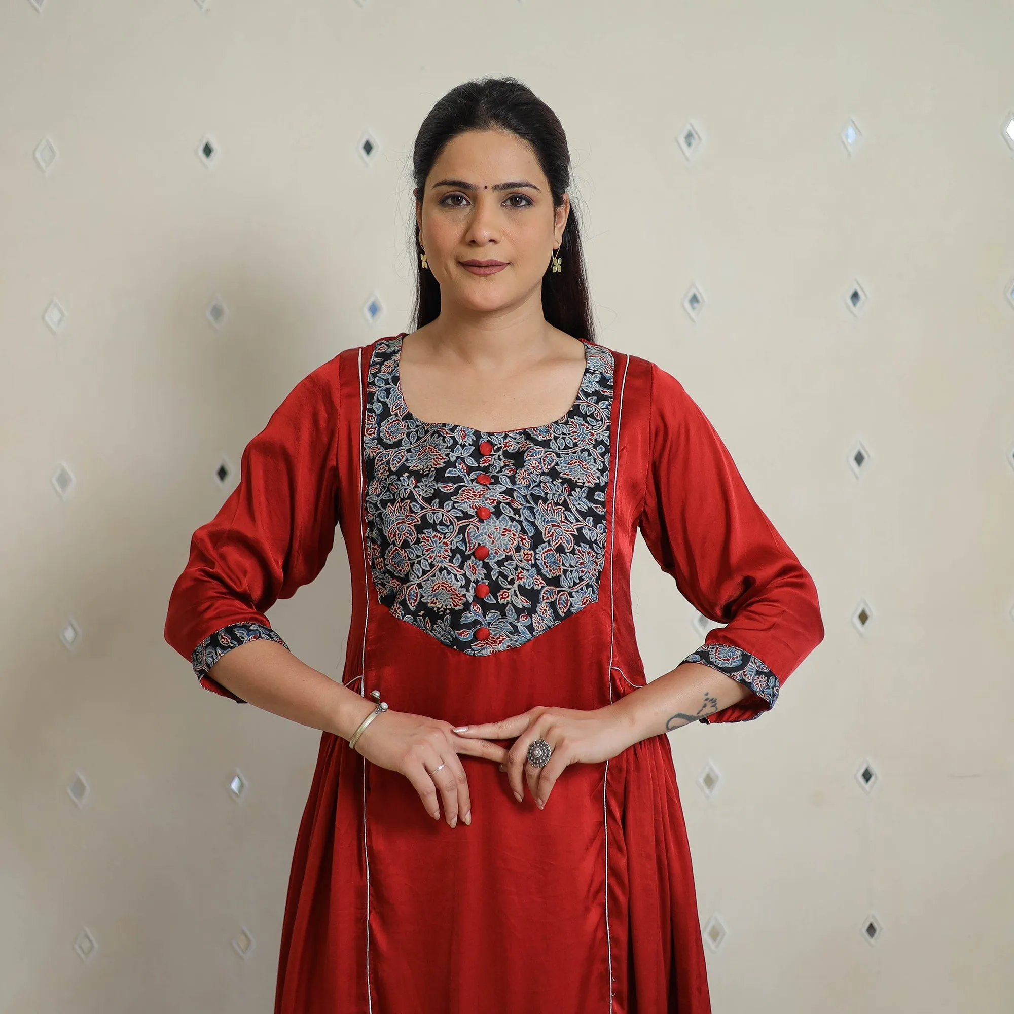 Red - Jasmin Maroon Modal Silk Plain A-line Kurta sold by Itokri