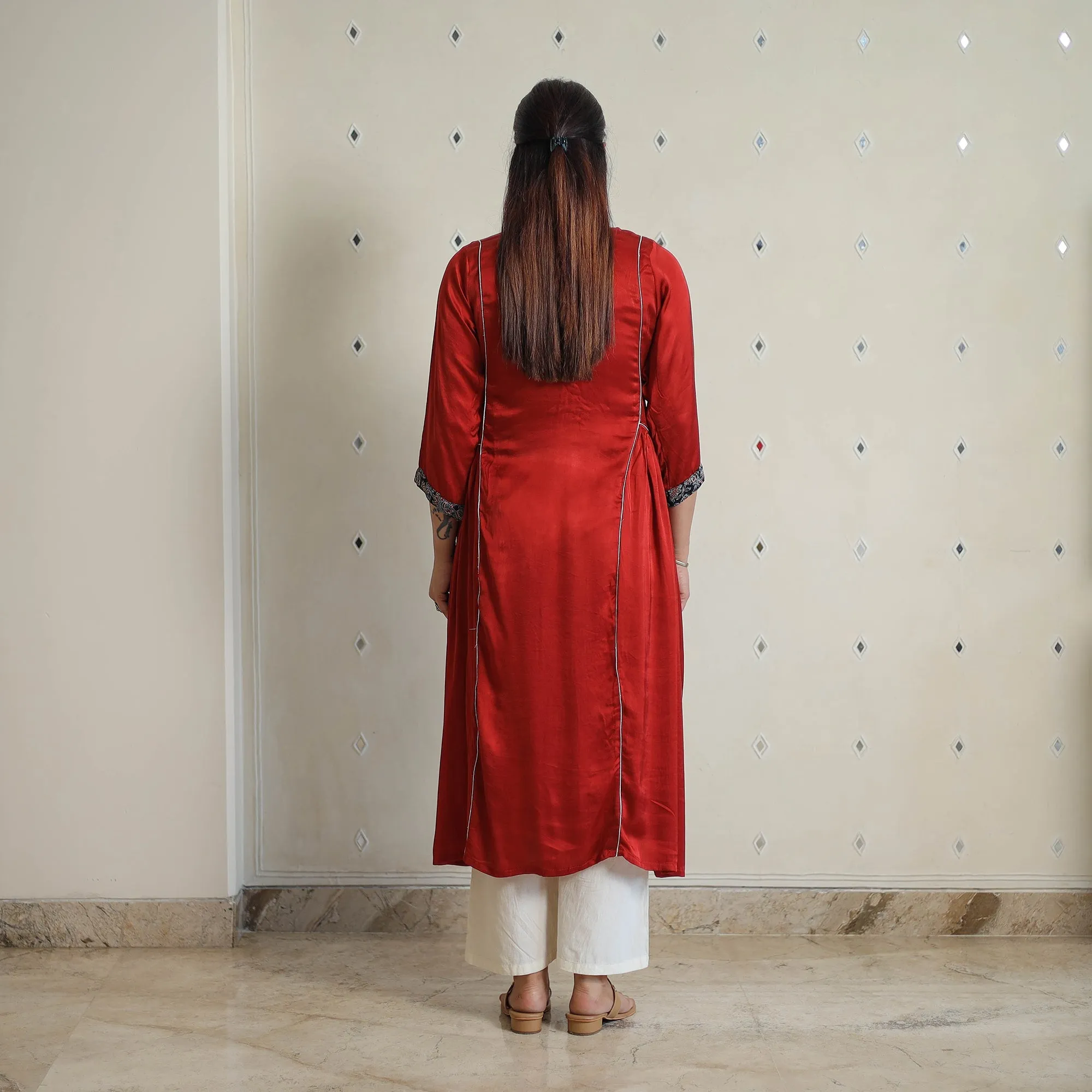 Red - Jasmin Maroon Modal Silk Plain A-line Kurta sold by Itokri product image thumbnail 4