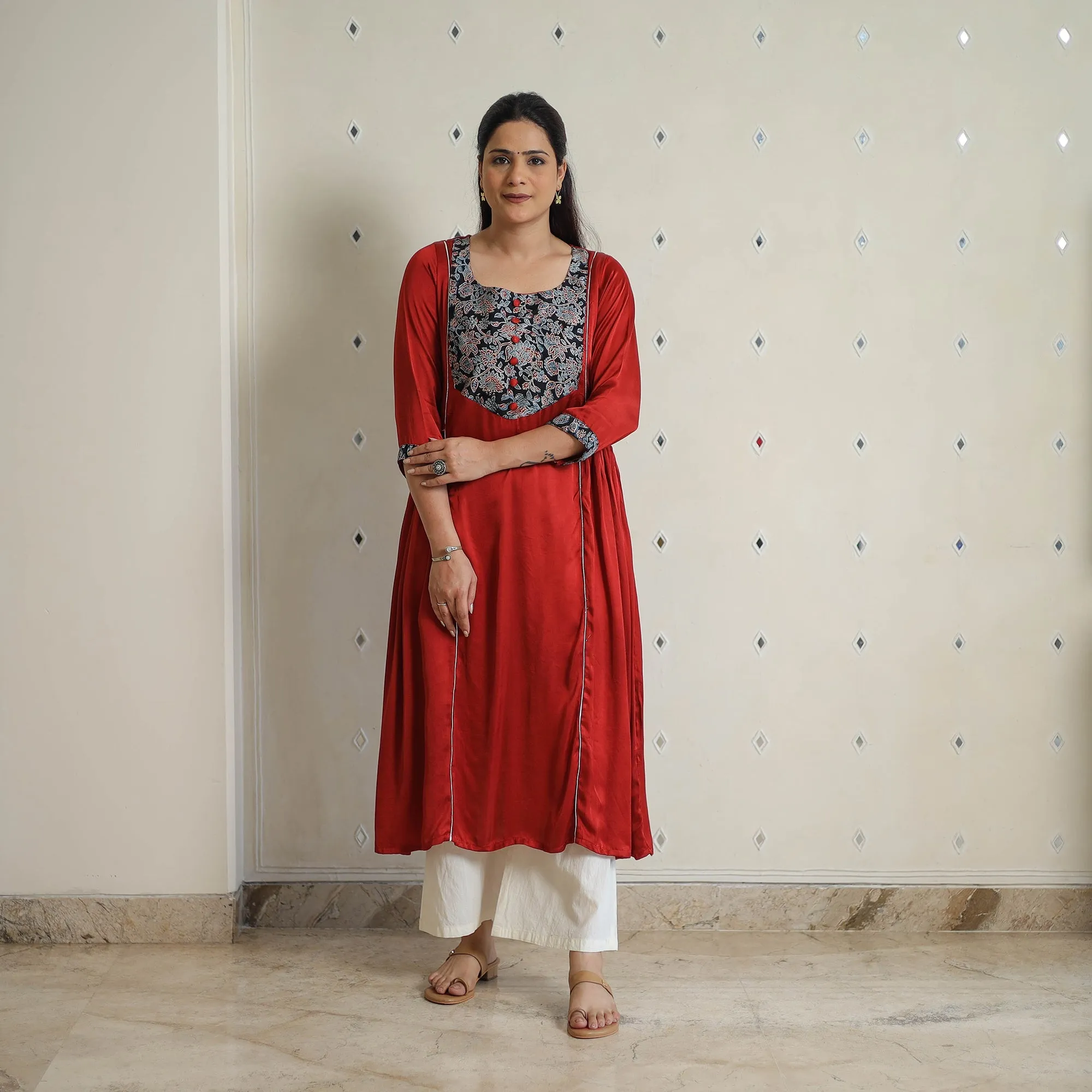 Red - Jasmin Maroon Modal Silk Plain A-line Kurta sold by Itokri product image thumbnail 2