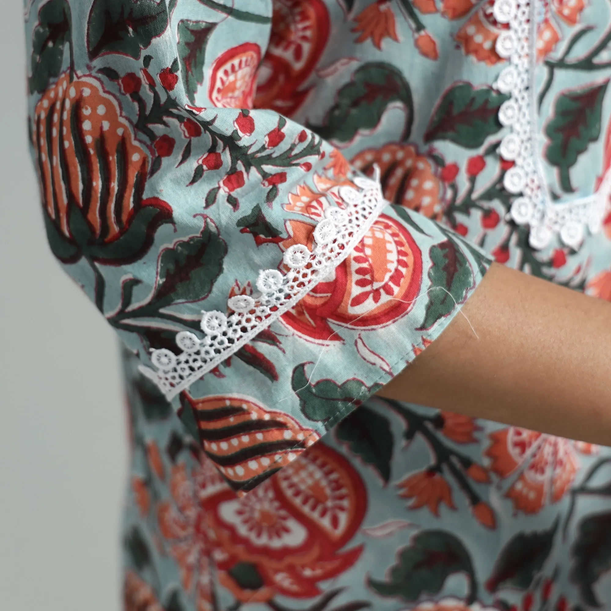 Sky Blue - Sanganeri Block Printed Cotton Straight Kurta With Lace Work sold by Itokri product image thumbnail 5