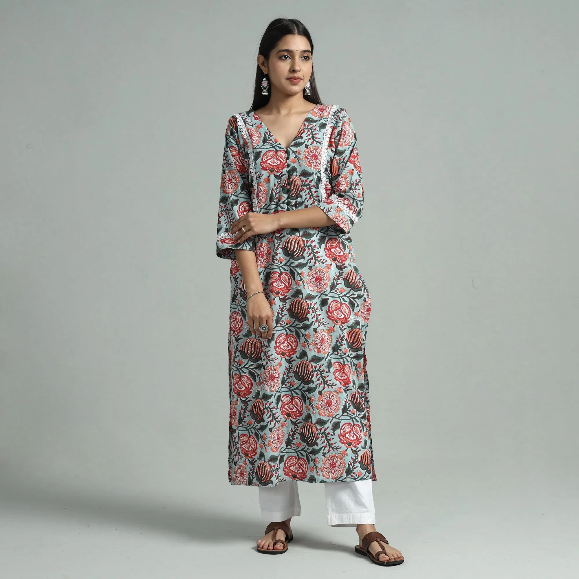 Sky Blue - Sanganeri Block Printed Cotton Straight Kurta With Lace Work sold by Itokri product image thumbnail 3