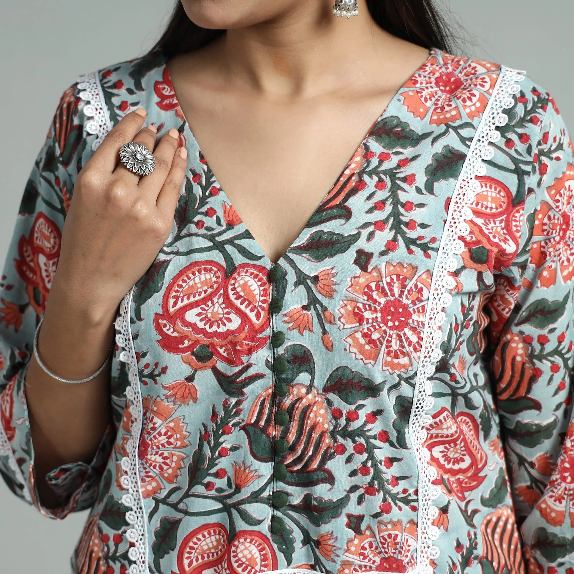 Sky Blue - Sanganeri Block Printed Cotton Straight Kurta With Lace Work sold by Itokri product image thumbnail 4