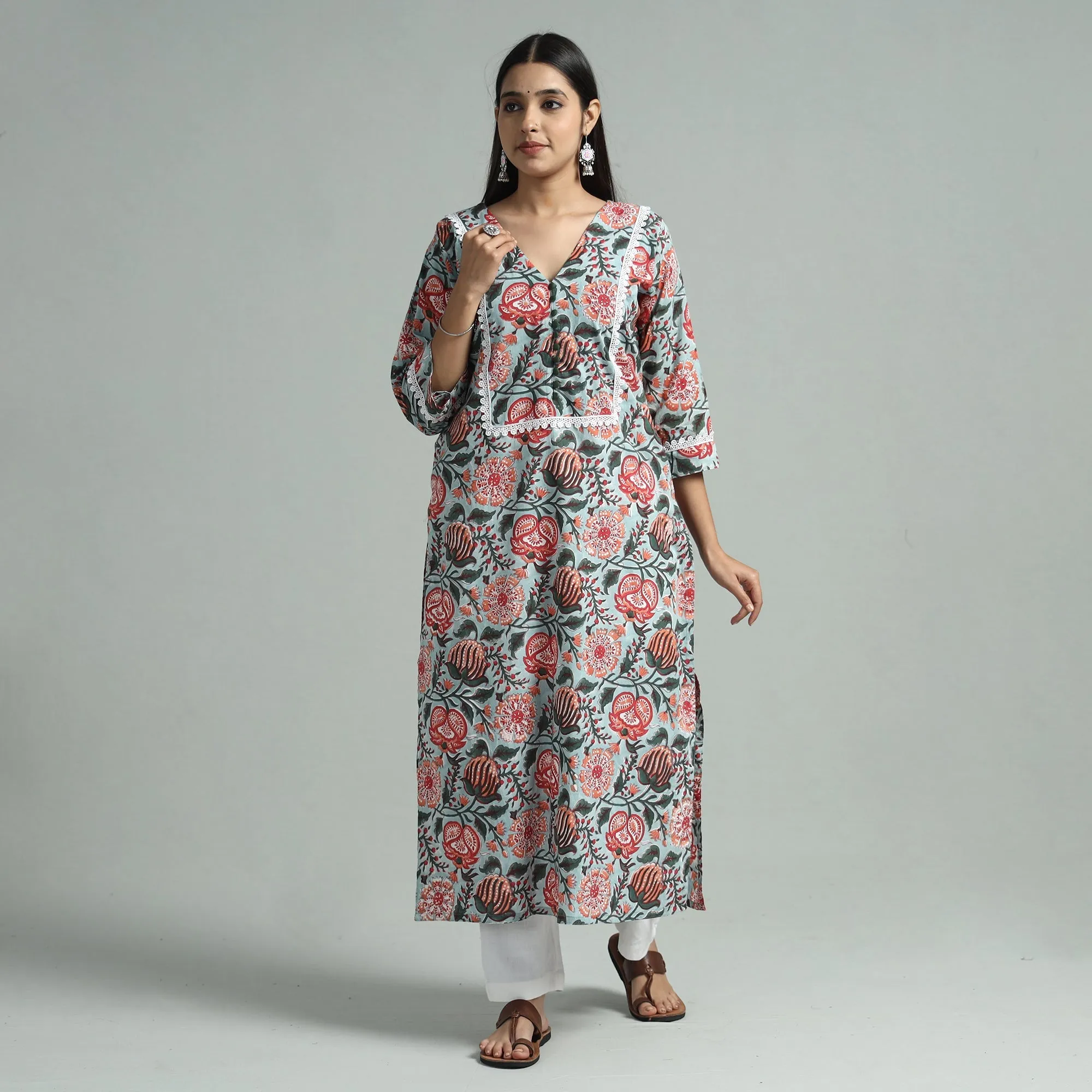 Sky Blue - Sanganeri Block Printed Cotton Straight Kurta With Lace Work sold by Itokri product image thumbnail 2