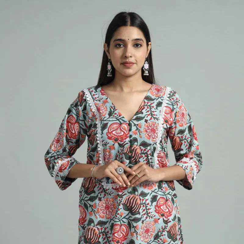 Sky Blue - Sanganeri Block Printed Cotton Straight Kurta With Lace Work made by Itokri