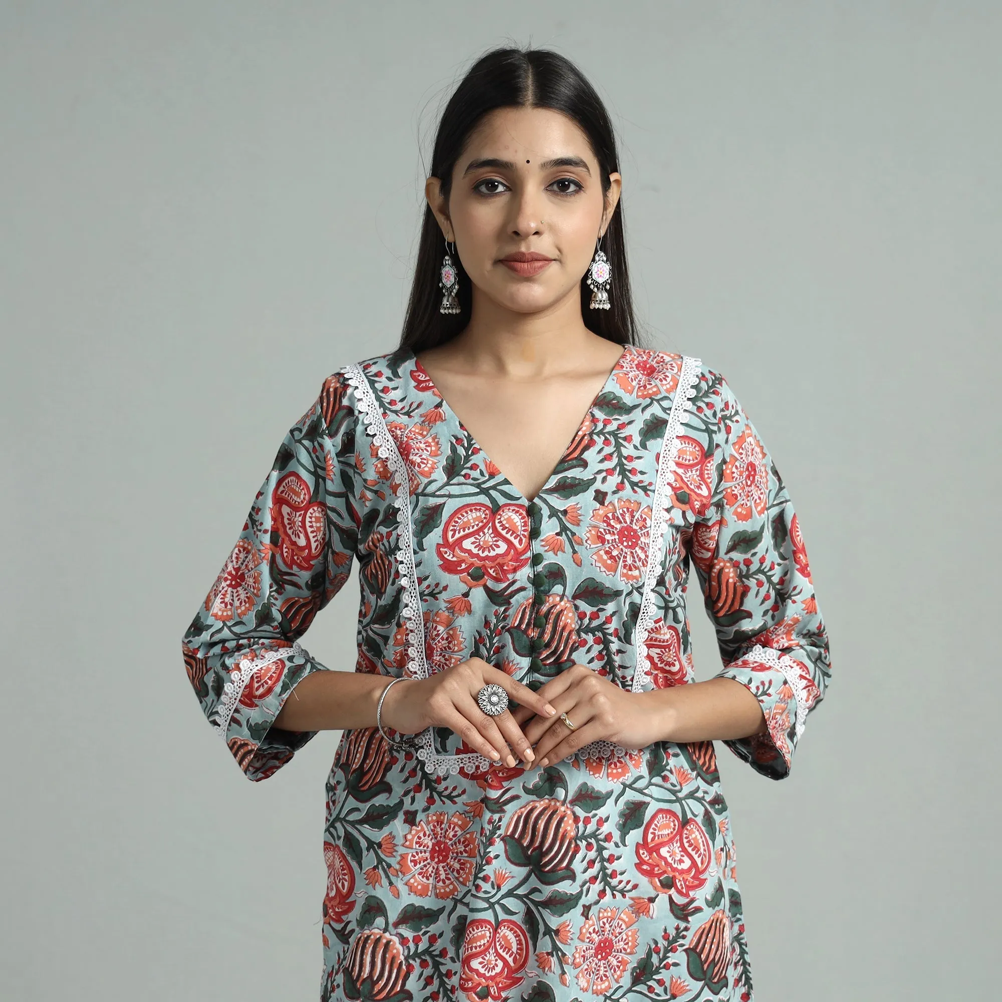 Sky Blue - Sanganeri Block Printed Cotton Straight Kurta With Lace Work sold by Itokri