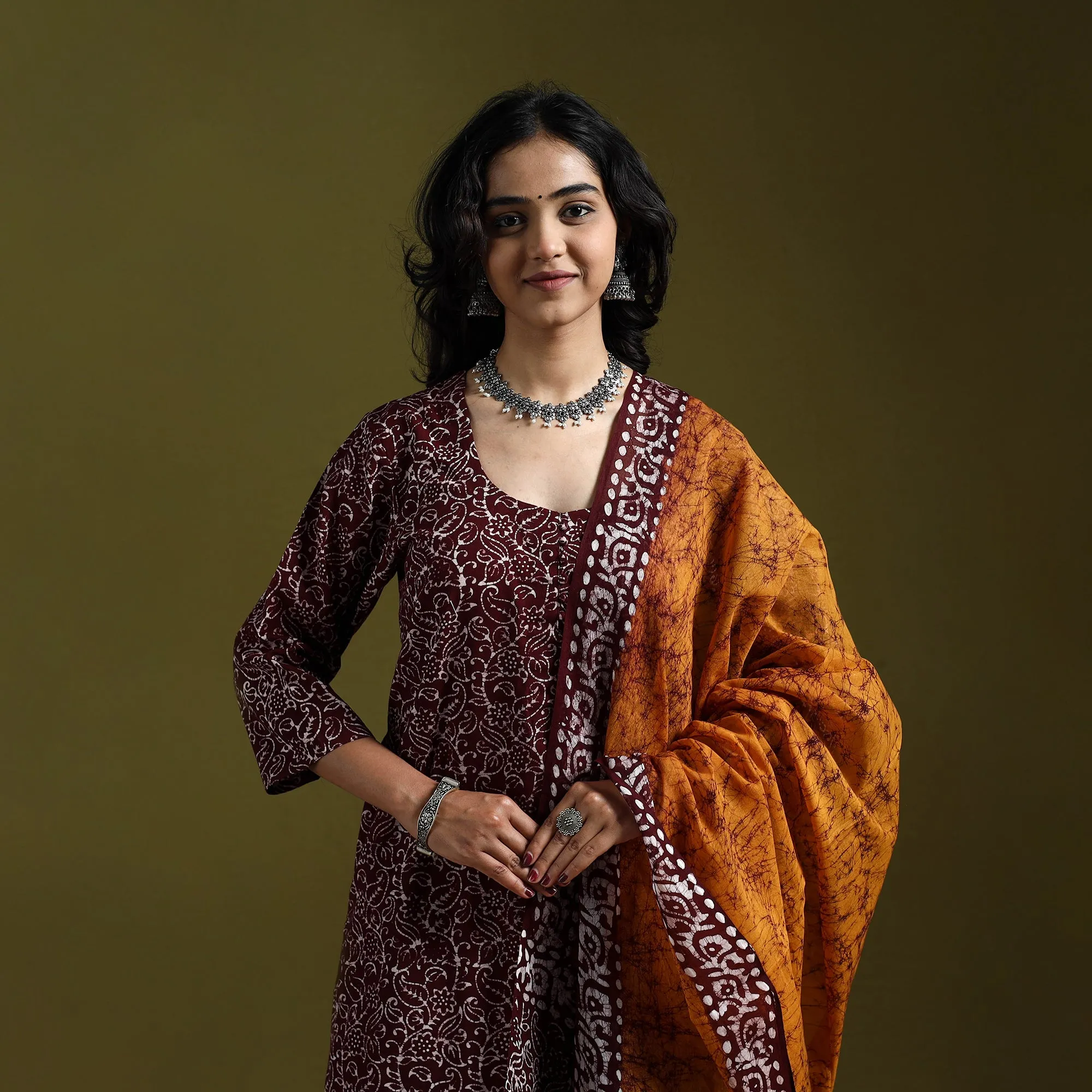 Maroon - Hand Block Batik Print Cotton Suit Set with Dupatta for women 20 sold by Itokri product image thumbnail 3