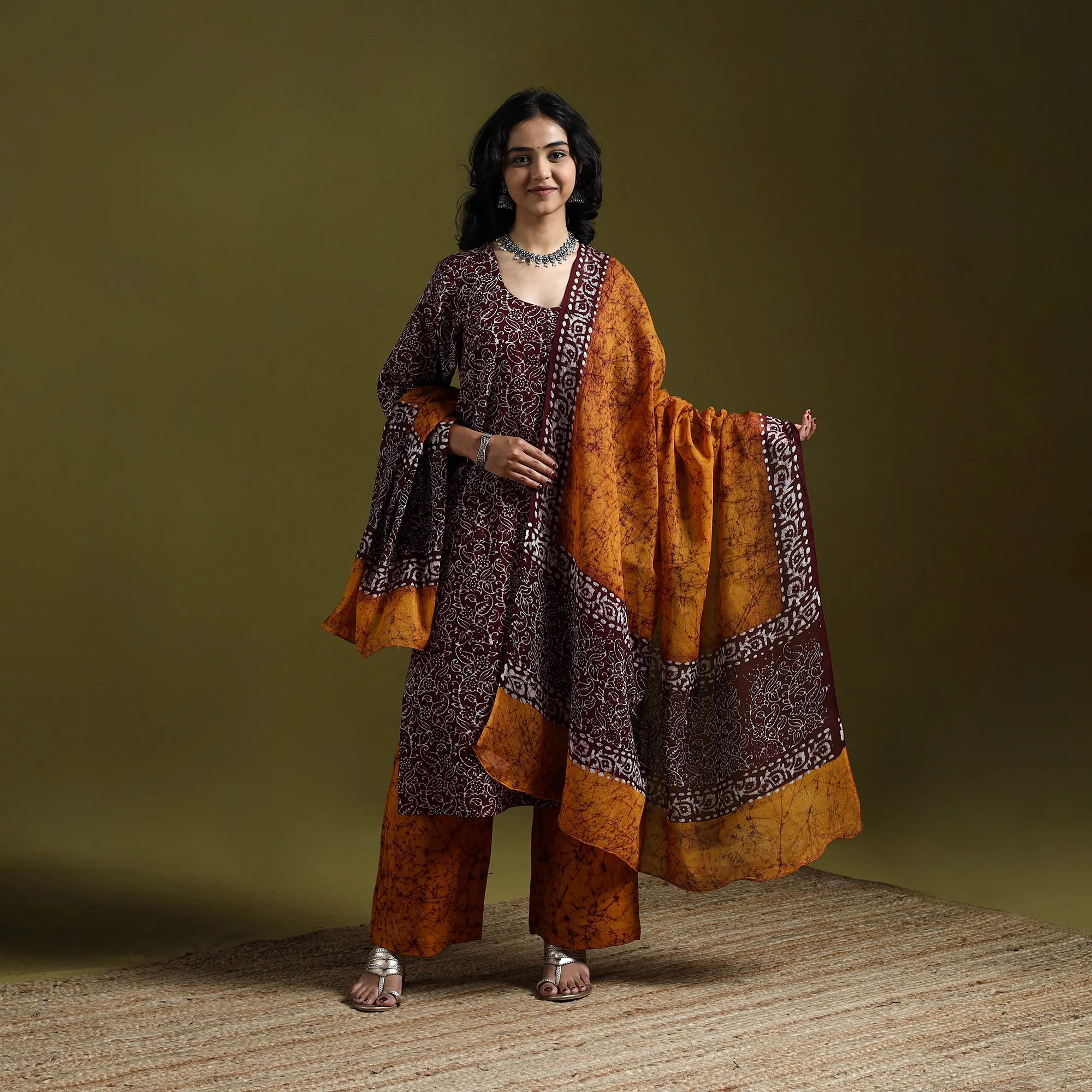 Maroon - Hand Block Batik Print Cotton Suit Set with Dupatta for women 20 sold by Itokri