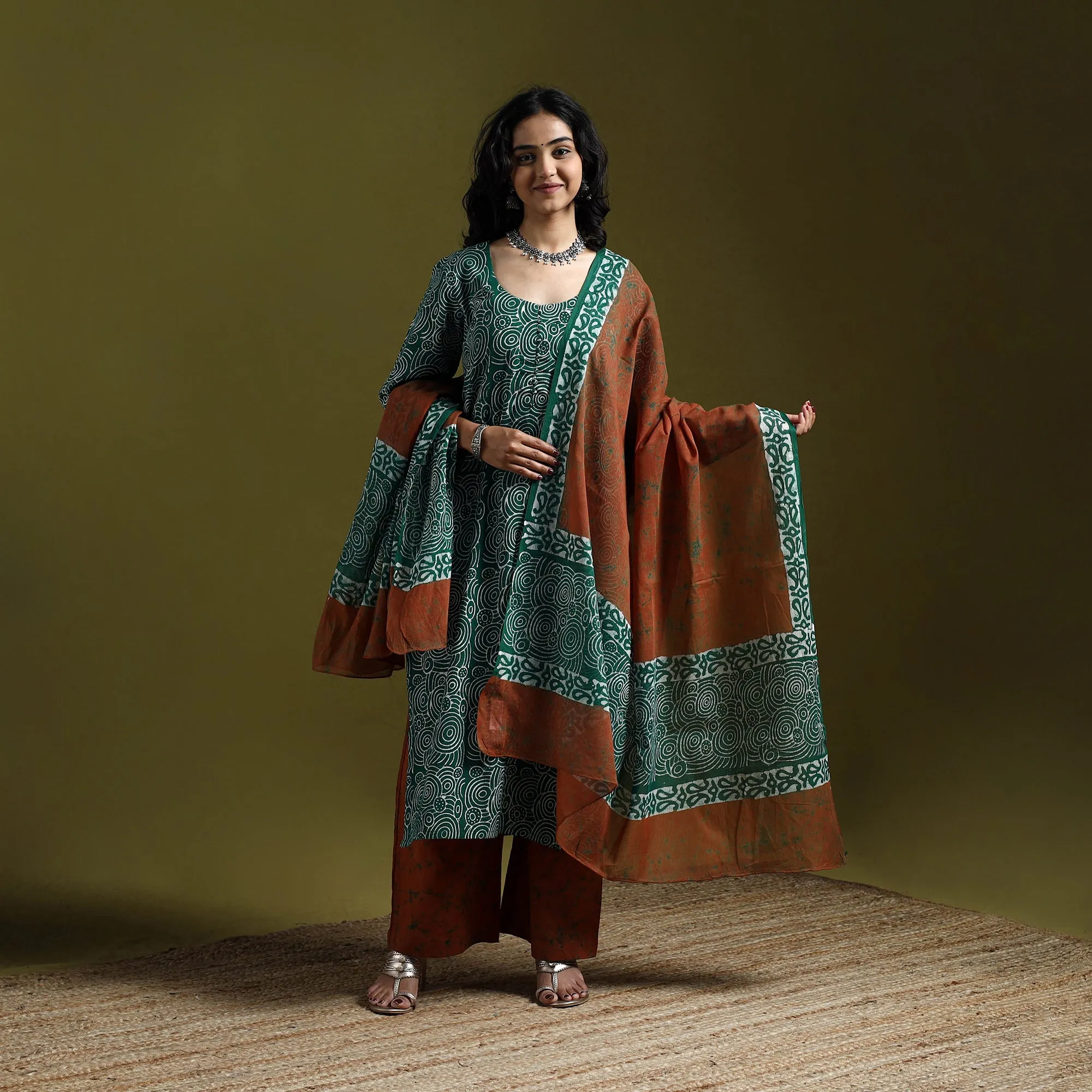 Green - Hand Block Batik Print Cotton Suit Set with Dupatta for women 19 sold by Itokri