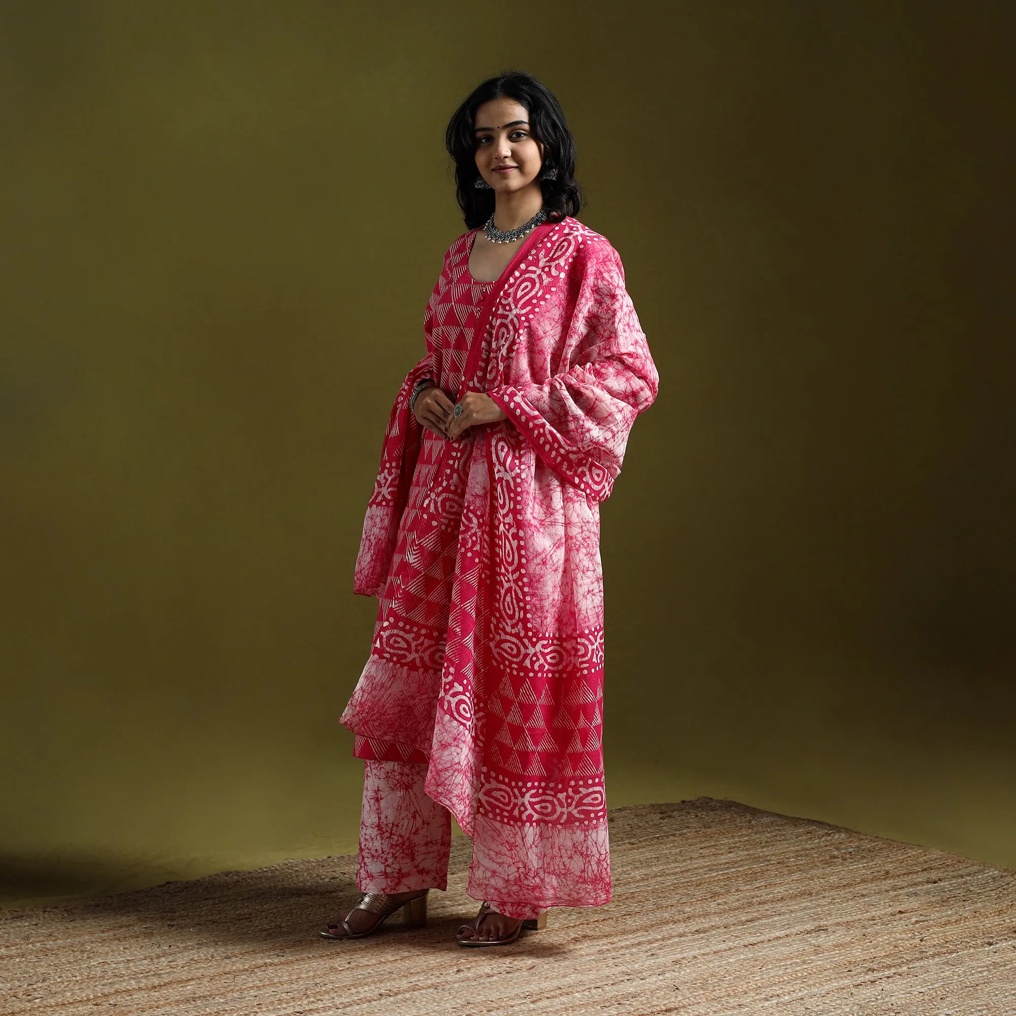 Pink - Hand Block Batik Print Cotton Suit Set with Dupatta for women 18 sold by Itokri product image thumbnail 2
