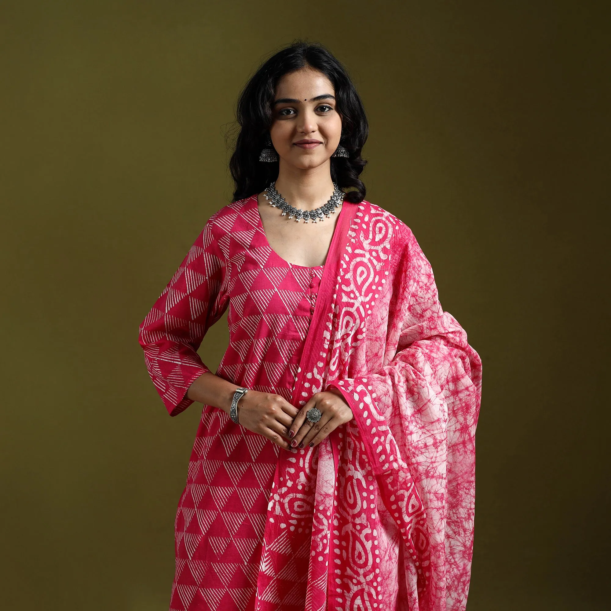 Pink - Hand Block Batik Print Cotton Suit Set with Dupatta for women 18 sold by Itokri product image thumbnail 3