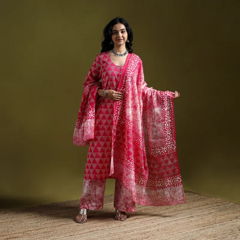 Pink - Hand Block Batik Print Cotton Suit Set with Dupatta for women 18 made by Itokri