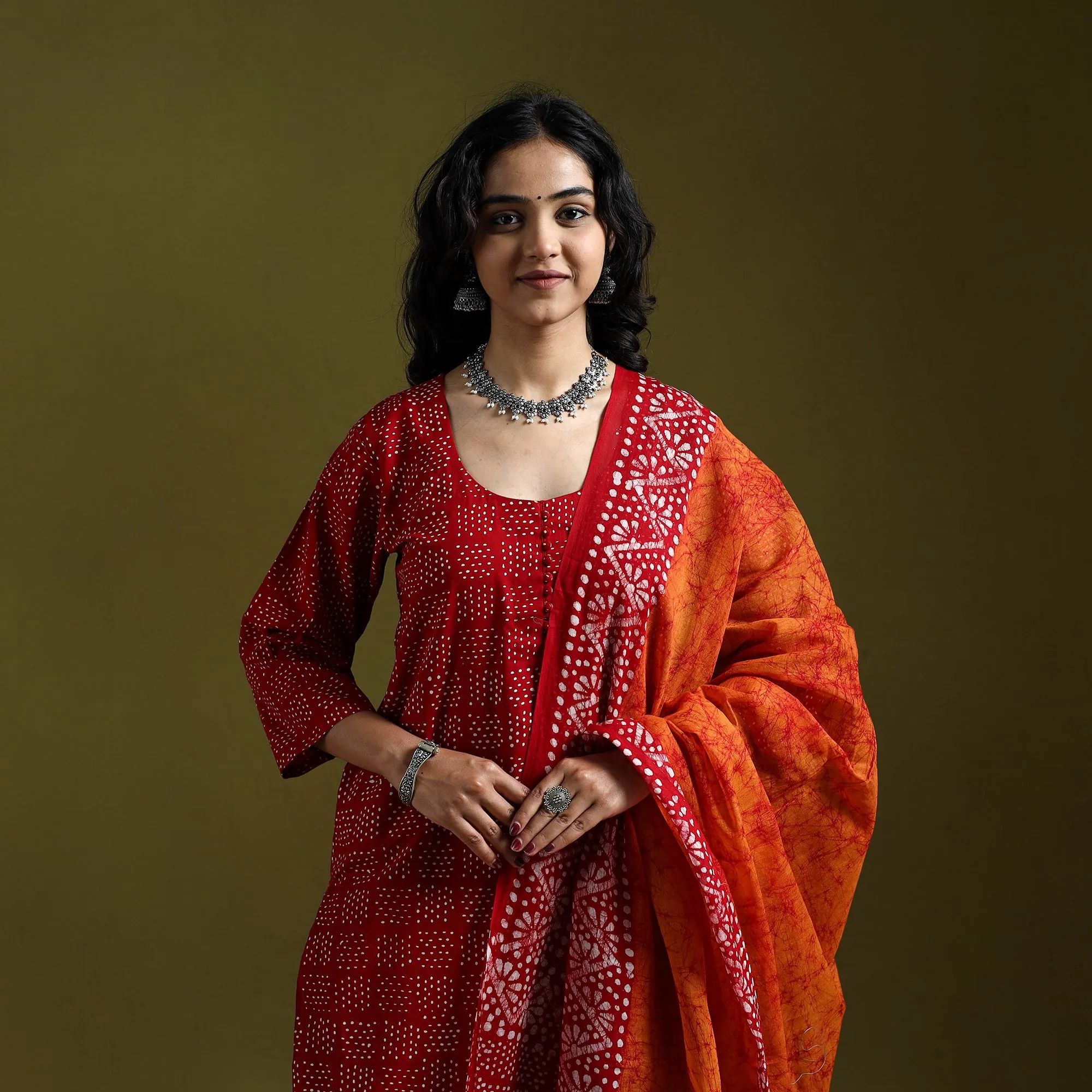 Red - Hand Block Batik Print Cotton Suit Set with Dupatta for women 17 sold by Itokri product image thumbnail 3