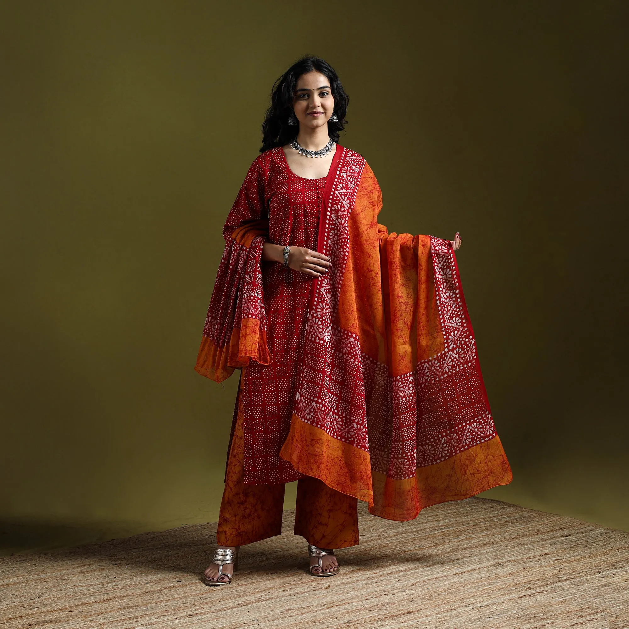 Red - Hand Block Batik Print Cotton Suit Set with Dupatta for women 17 sold by Itokri