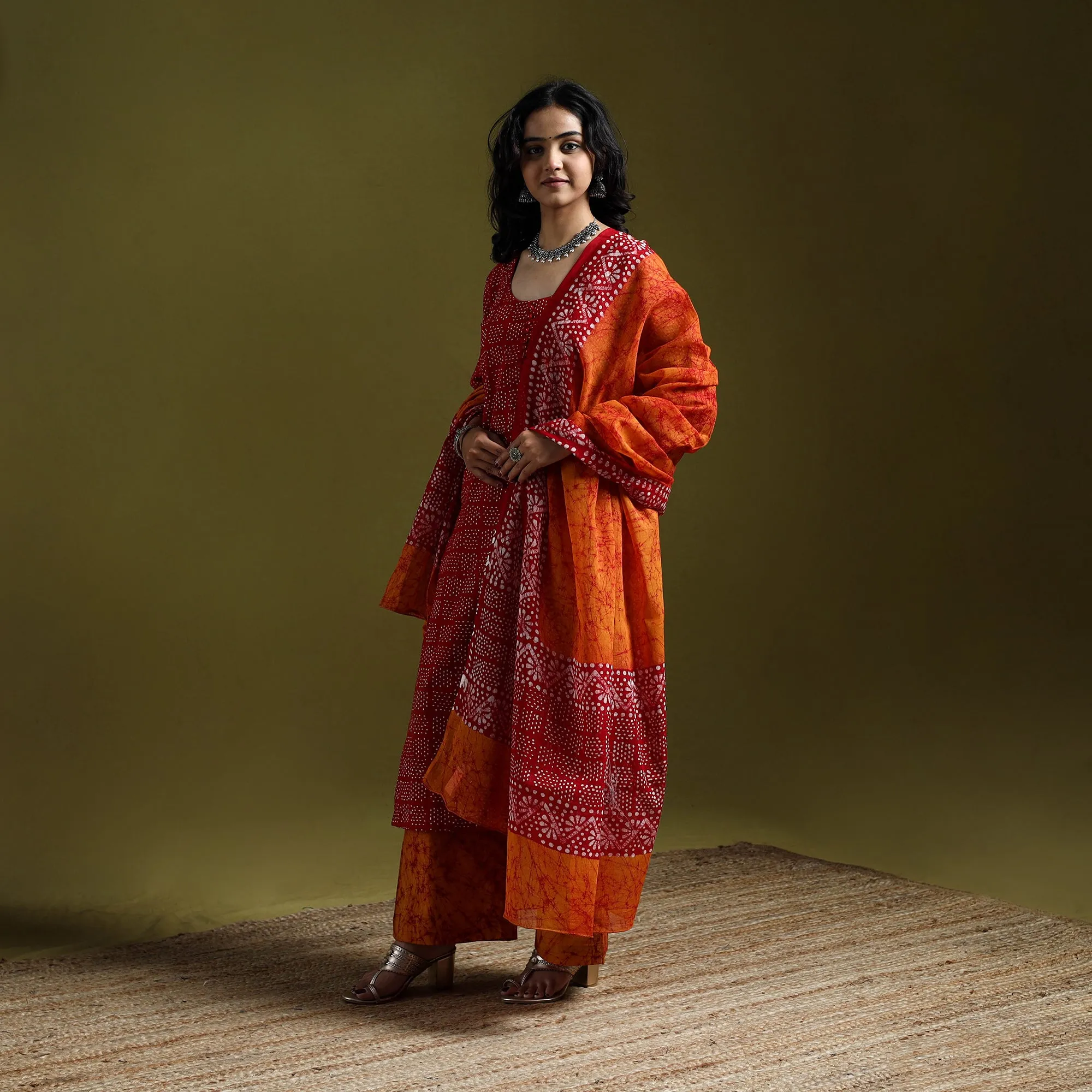 Red - Hand Block Batik Print Cotton Suit Set with Dupatta for women 17 sold by Itokri product image thumbnail 2