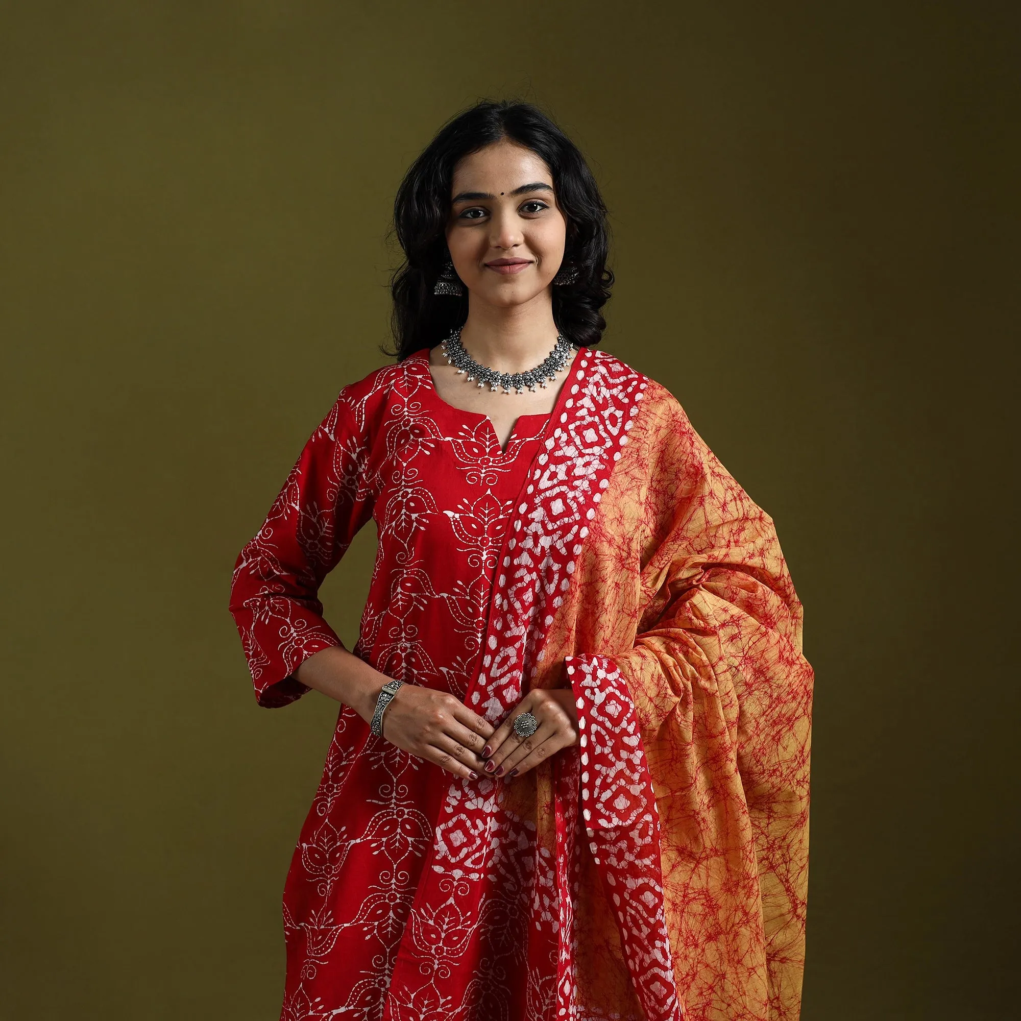 Red - Hand Block Batik Print Cotton Suit Set with Dupatta for women 14 sold by Itokri product image thumbnail 3