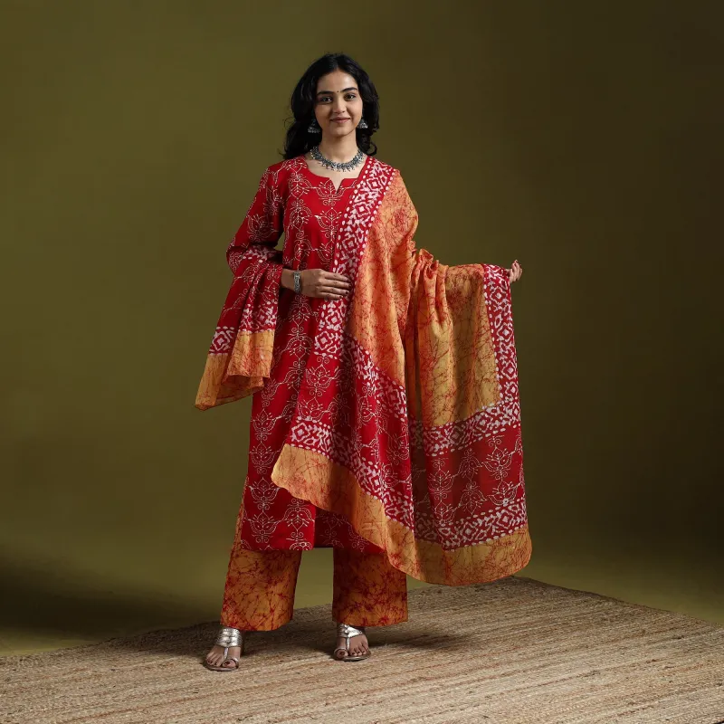 Red - Hand Block Batik Print Cotton Suit Set with Dupatta for women 14 made by Itokri