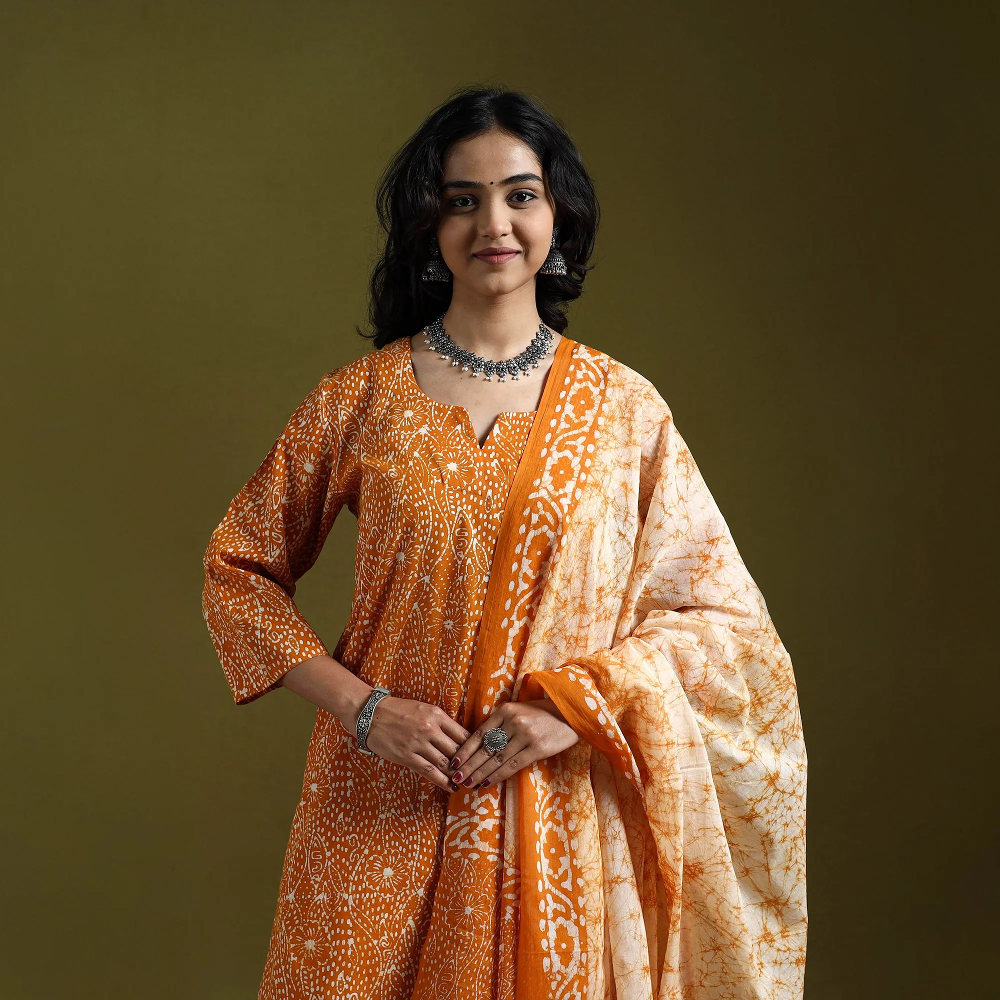 Orange - Hand Block Batik Print Cotton Suit Set with Dupatta for women 13 sold by Itokri product image thumbnail 3