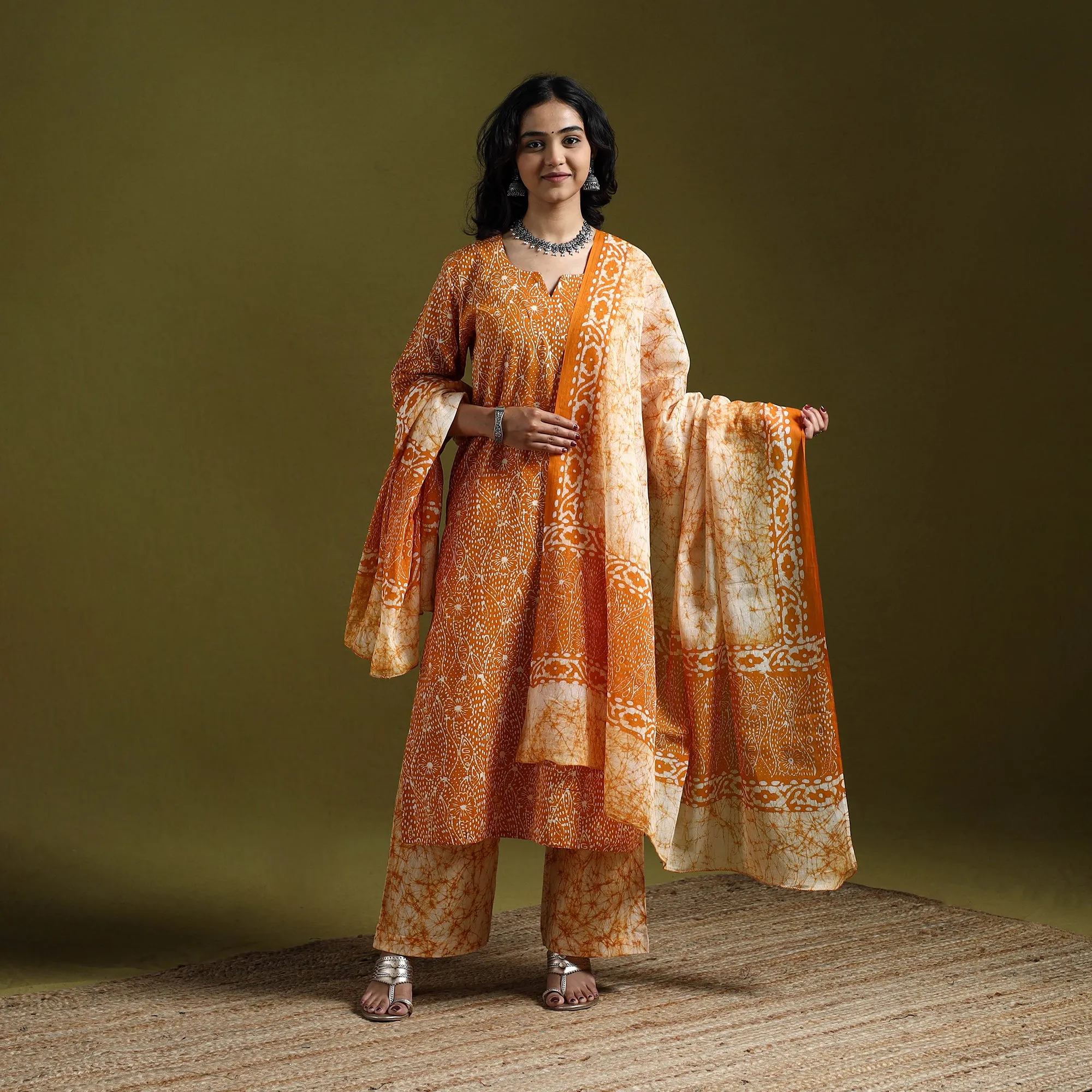 Orange - Hand Block Batik Print Cotton Suit Set with Dupatta for women 13 sold by Itokri