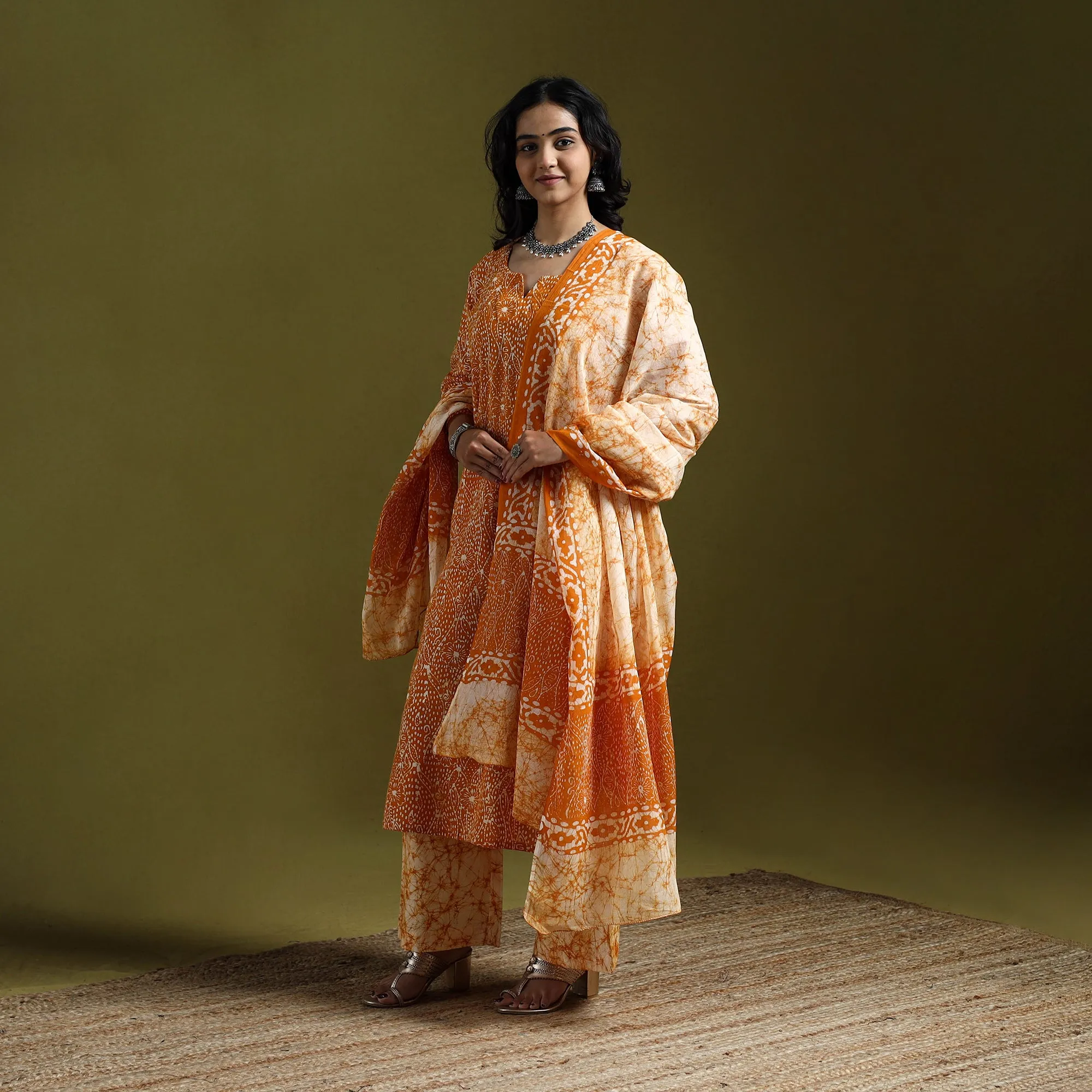 Orange - Hand Block Batik Print Cotton Suit Set with Dupatta for women 13 sold by Itokri product image thumbnail 2