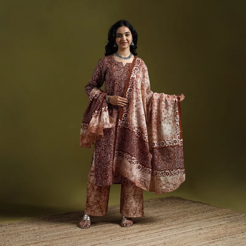 Brown - Hand Block Batik Print Cotton Suit Set with Dupatta for women 11 made by Itokri