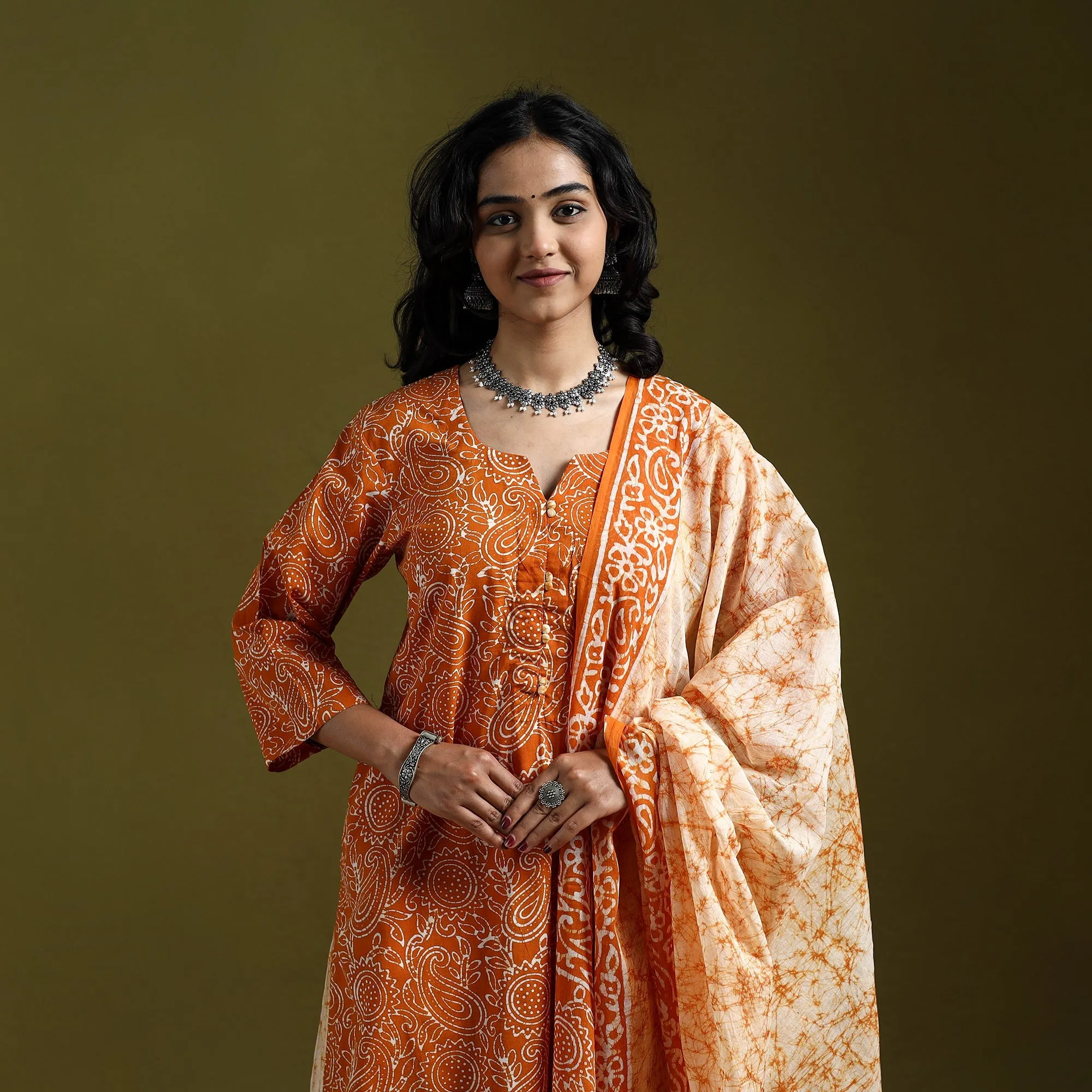 Orange - Hand Block Batik Print Cotton Suit Set with Dupatta for women 10 sold by Itokri product image thumbnail 3