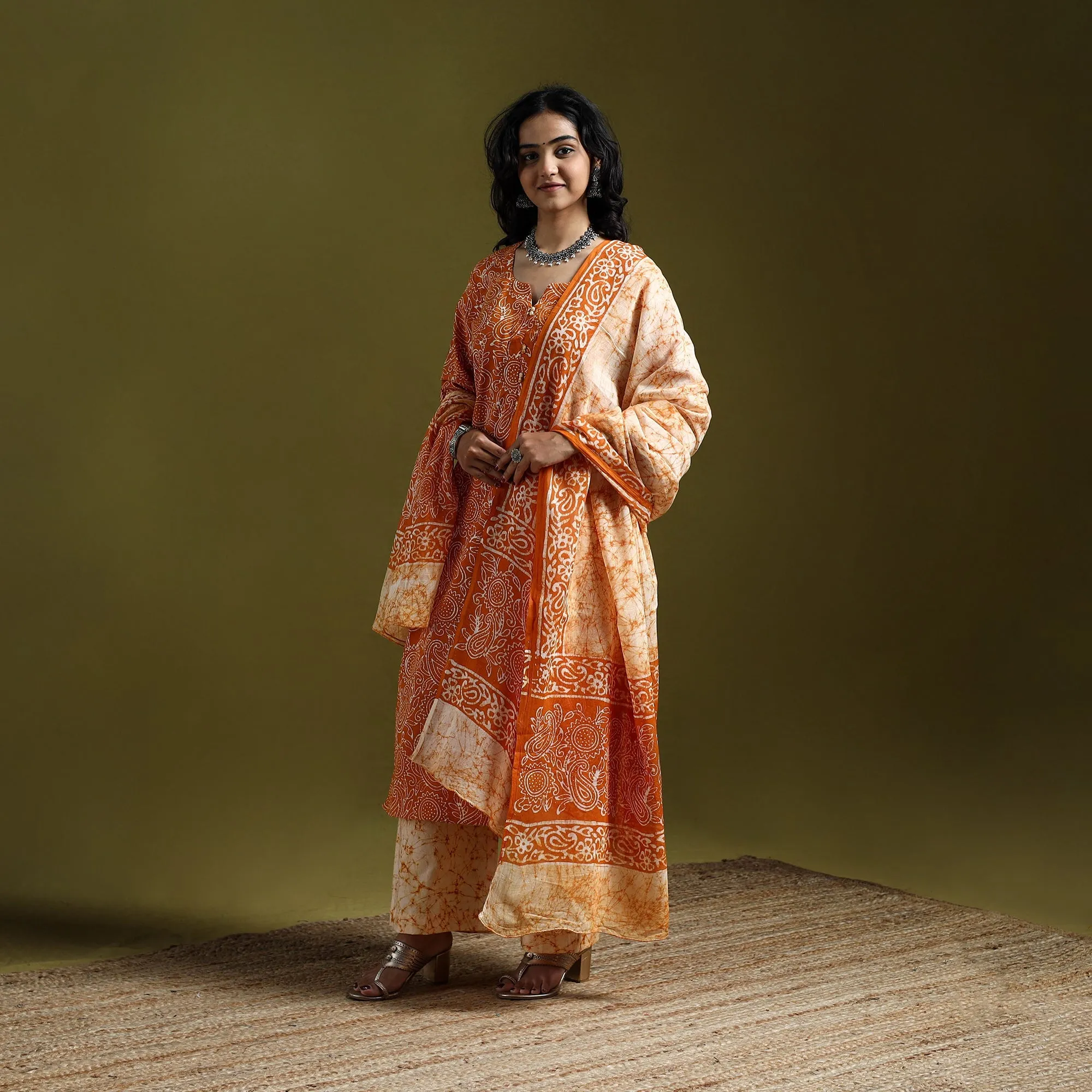 Orange - Hand Block Batik Print Cotton Suit Set with Dupatta for women 10 sold by Itokri product image thumbnail 2