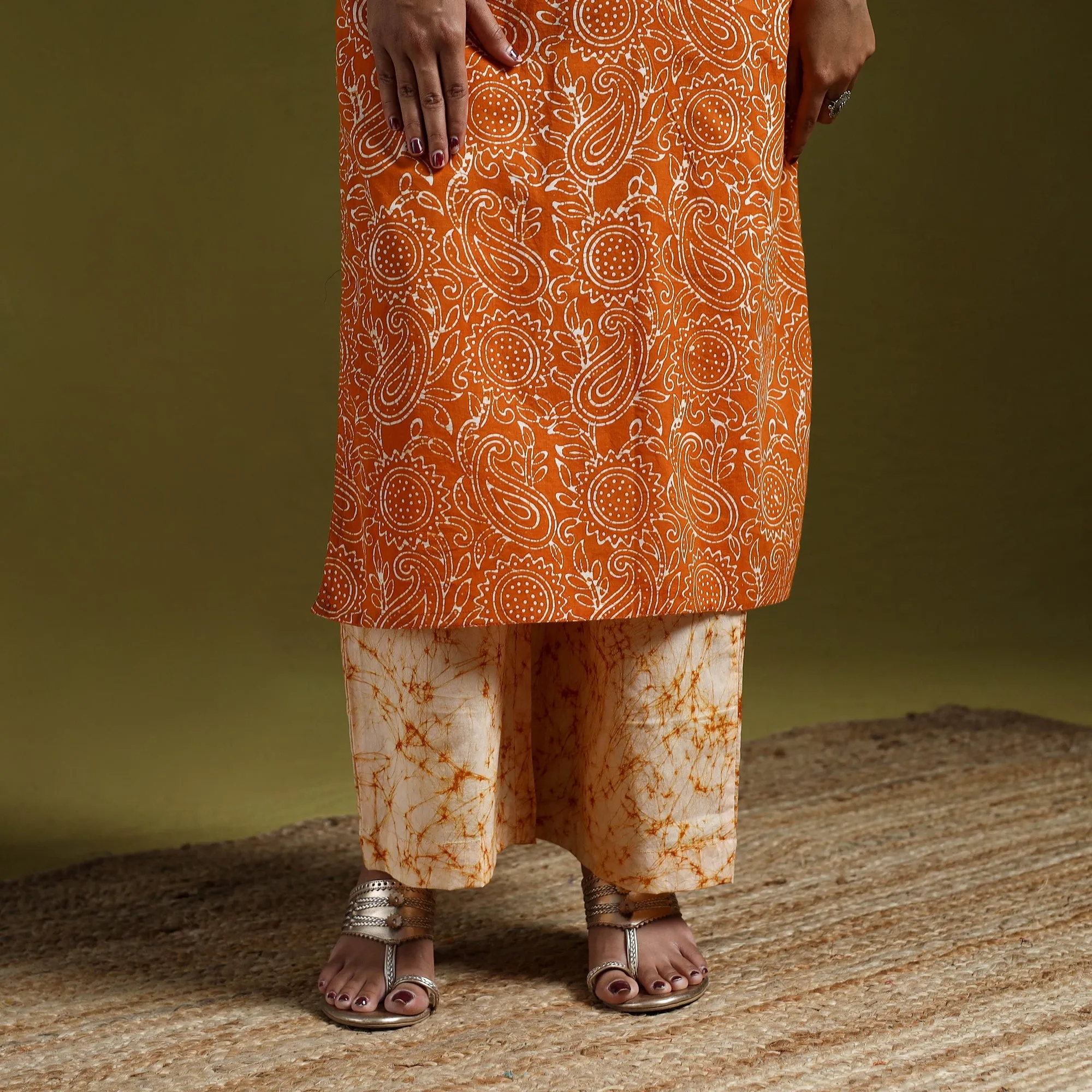 Orange - Hand Block Batik Print Cotton Suit Set with Dupatta for women 10 sold by Itokri product image thumbnail 4