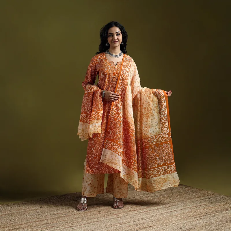 Orange - Hand Block Batik Print Cotton Suit Set with Dupatta for women 10 made by Itokri