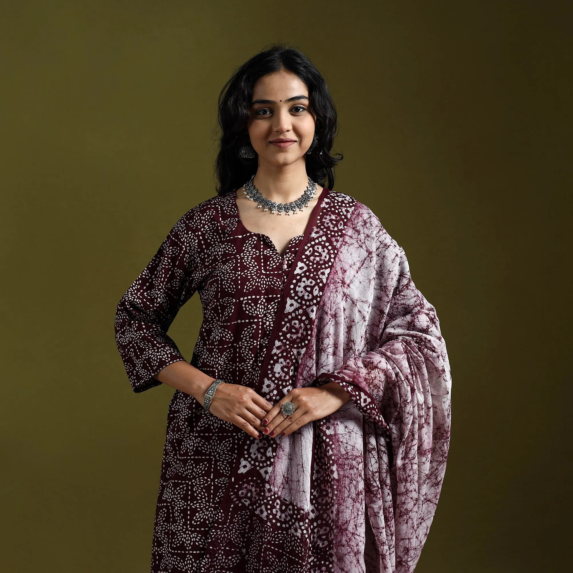 Maroon - Hand Block Batik Print Cotton Suit Set with Dupatta for women 08 sold by Itokri product image thumbnail 3