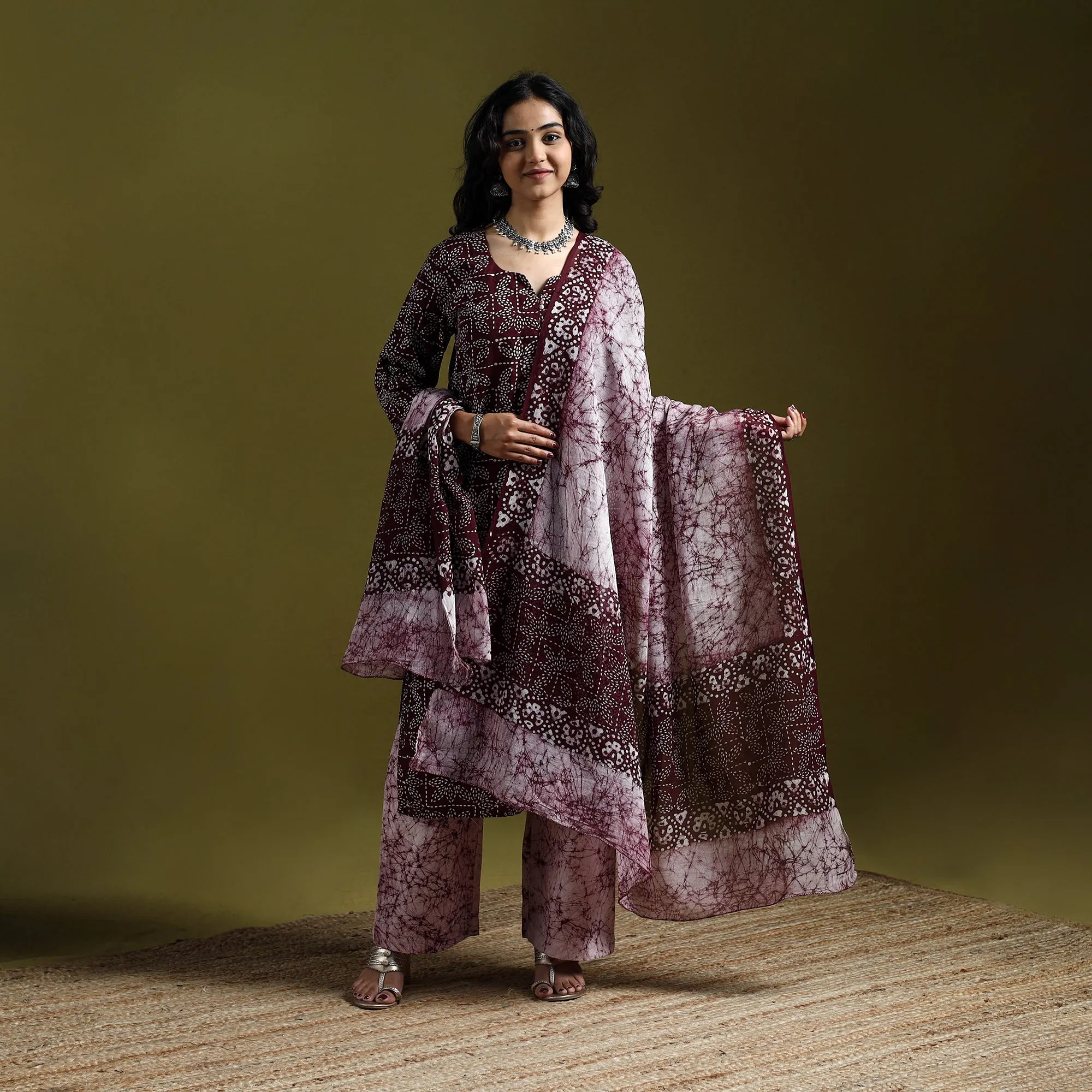 Maroon - Hand Block Batik Print Cotton Suit Set with Dupatta for women 08 sold by Itokri