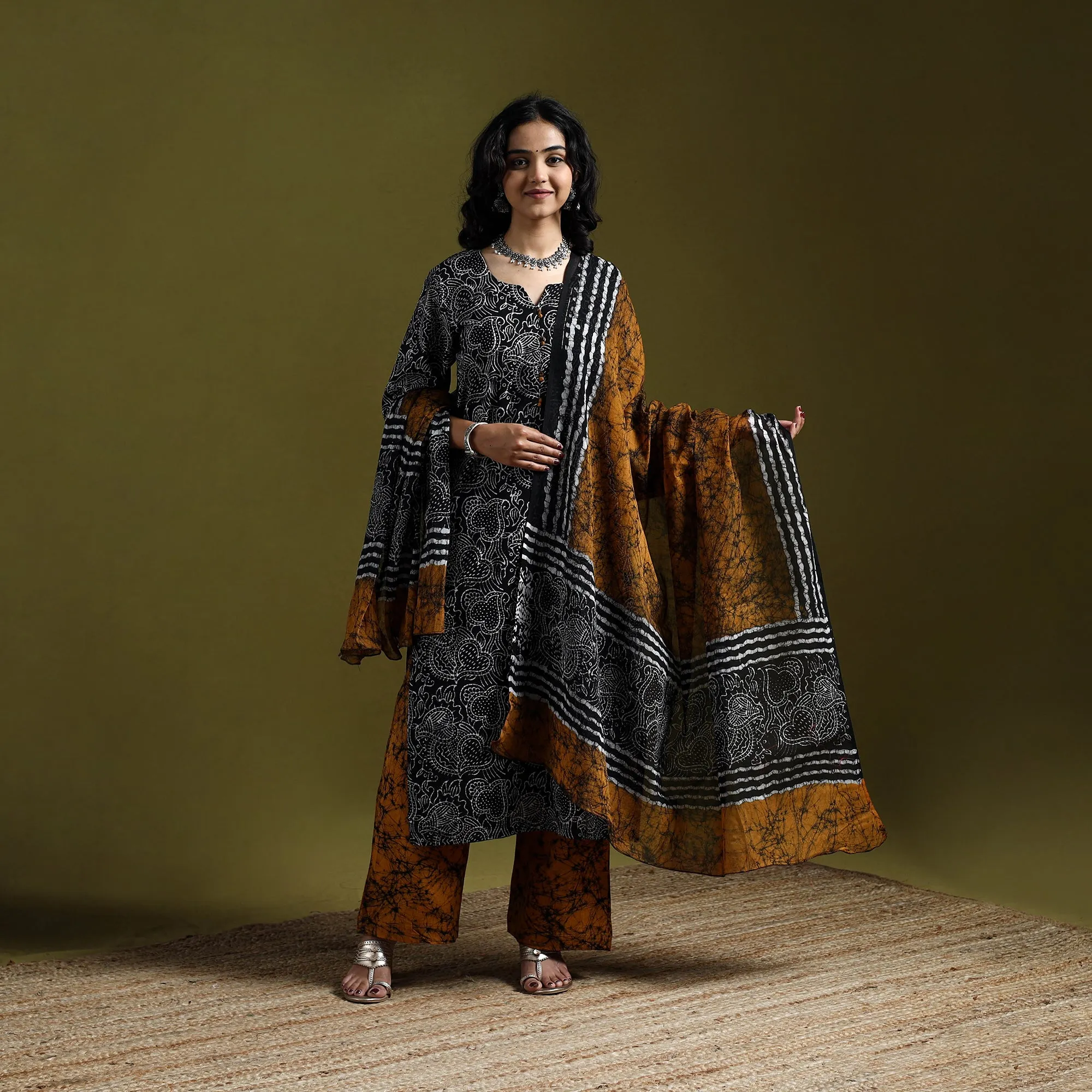Black - Hand Block Batik Print Cotton Suit Set with Dupatta for women 07 sold by Itokri