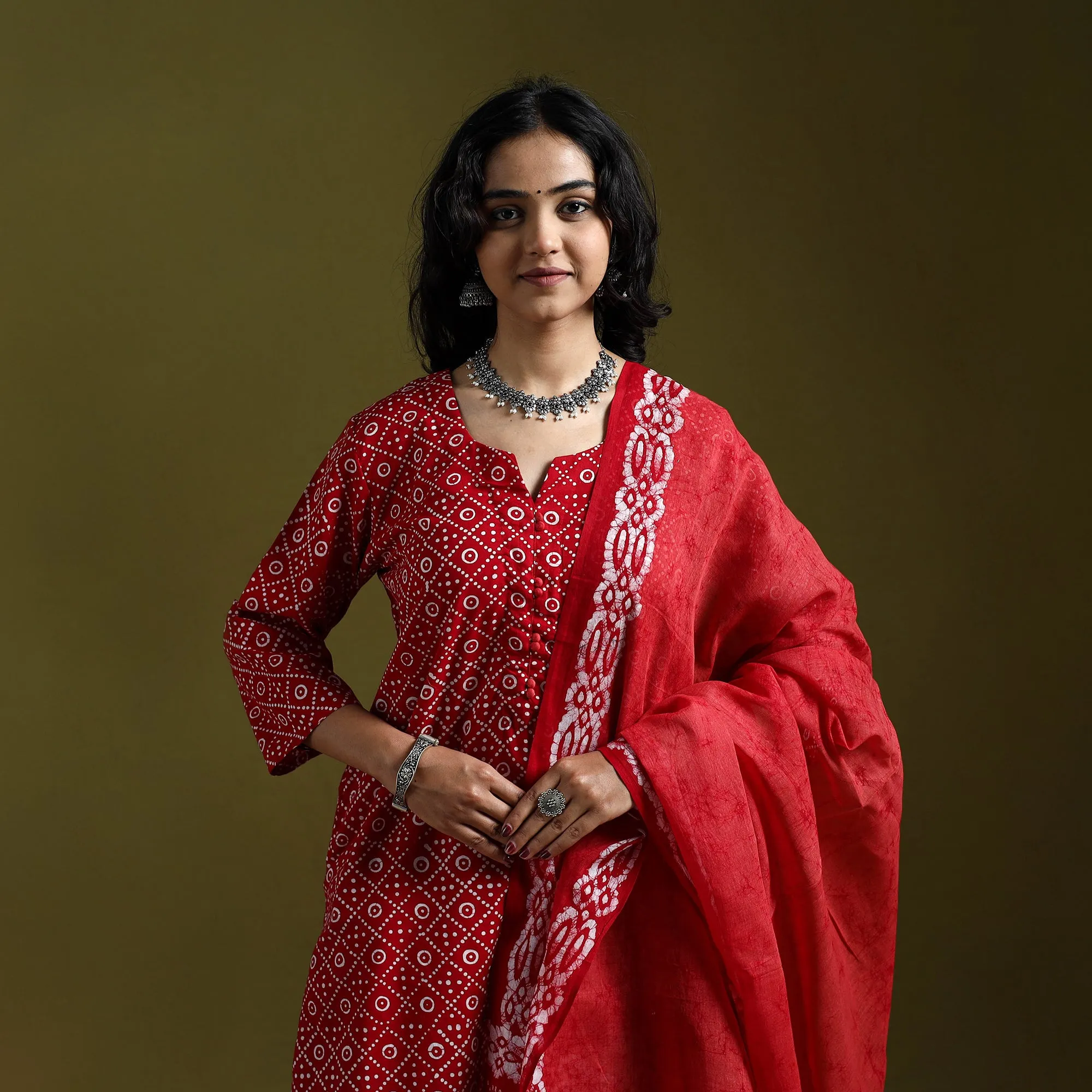 Red - Hand Block Batik Print Cotton Suit Set with Dupatta for women 06 sold by Itokri product image thumbnail 3